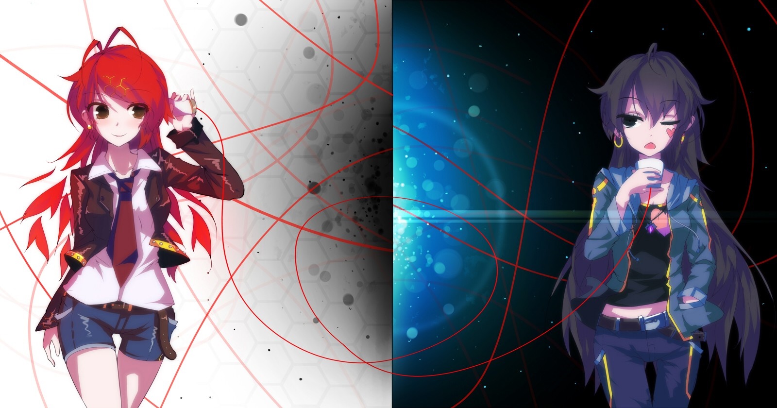Two anime girls with red and black hair, digital art HD Wallpaper