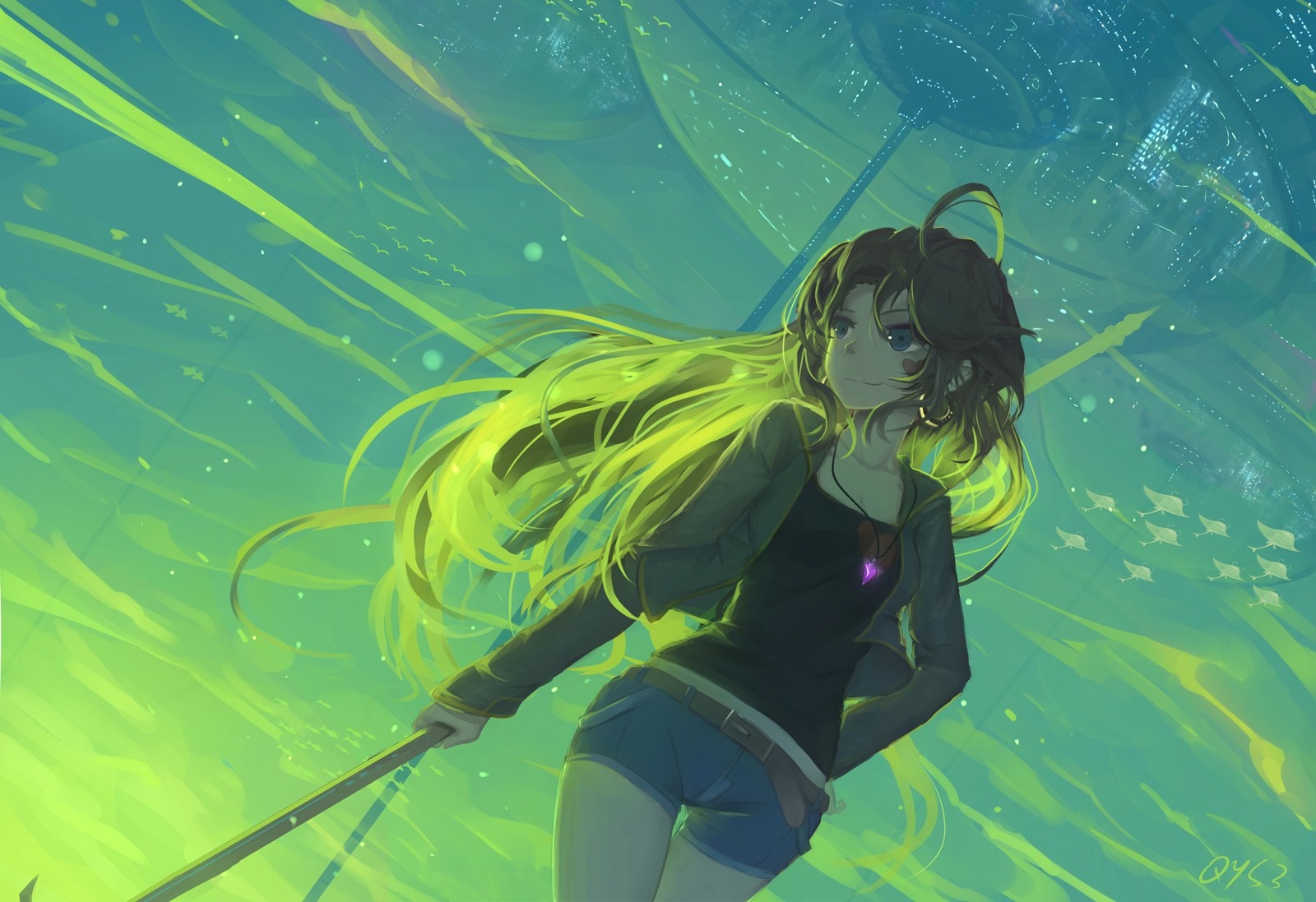 Anime girl with long hair holding a pole underwater HD Wallpaper
