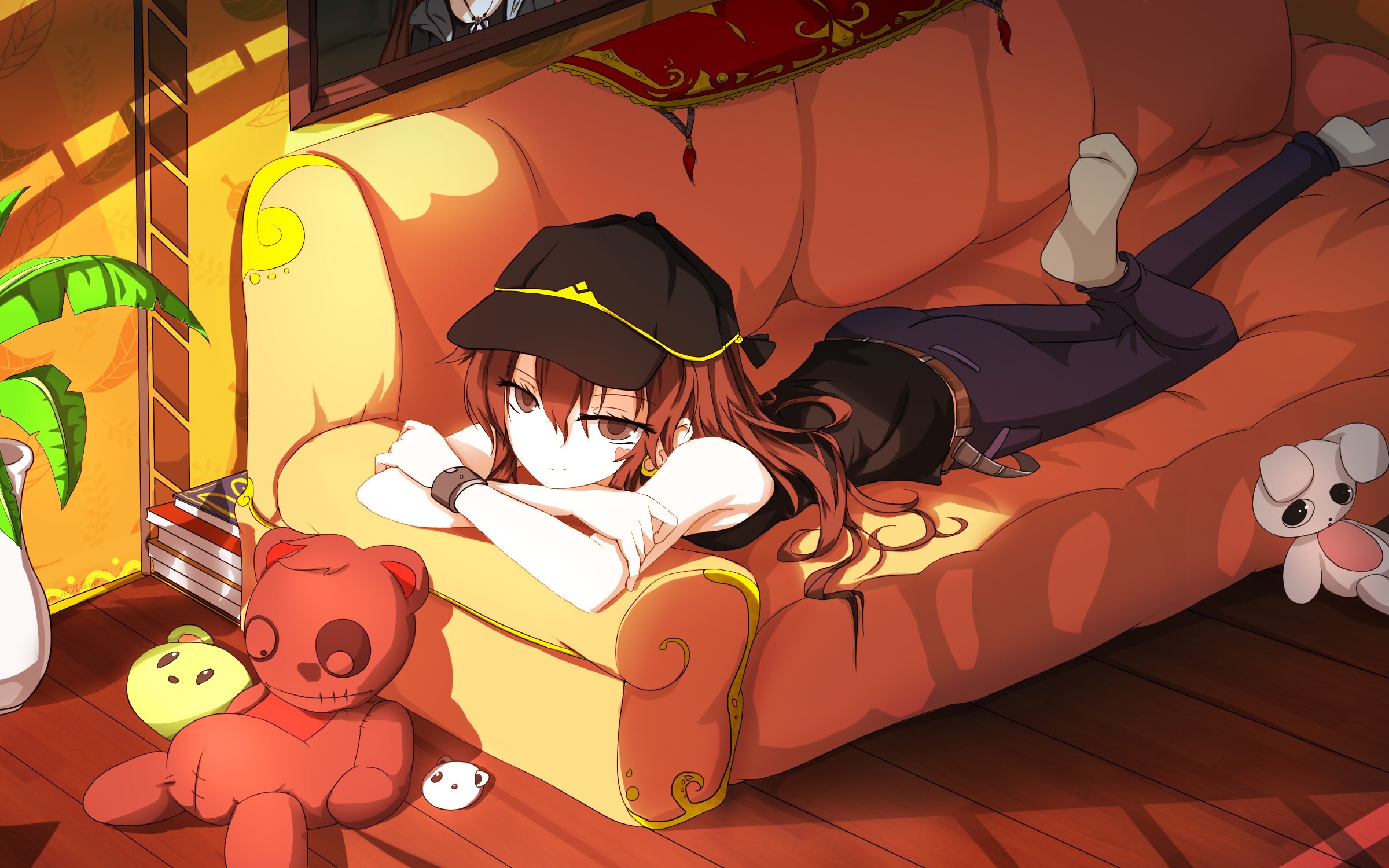 Anime girl with brown hair lying on a couch HD Wallpaper