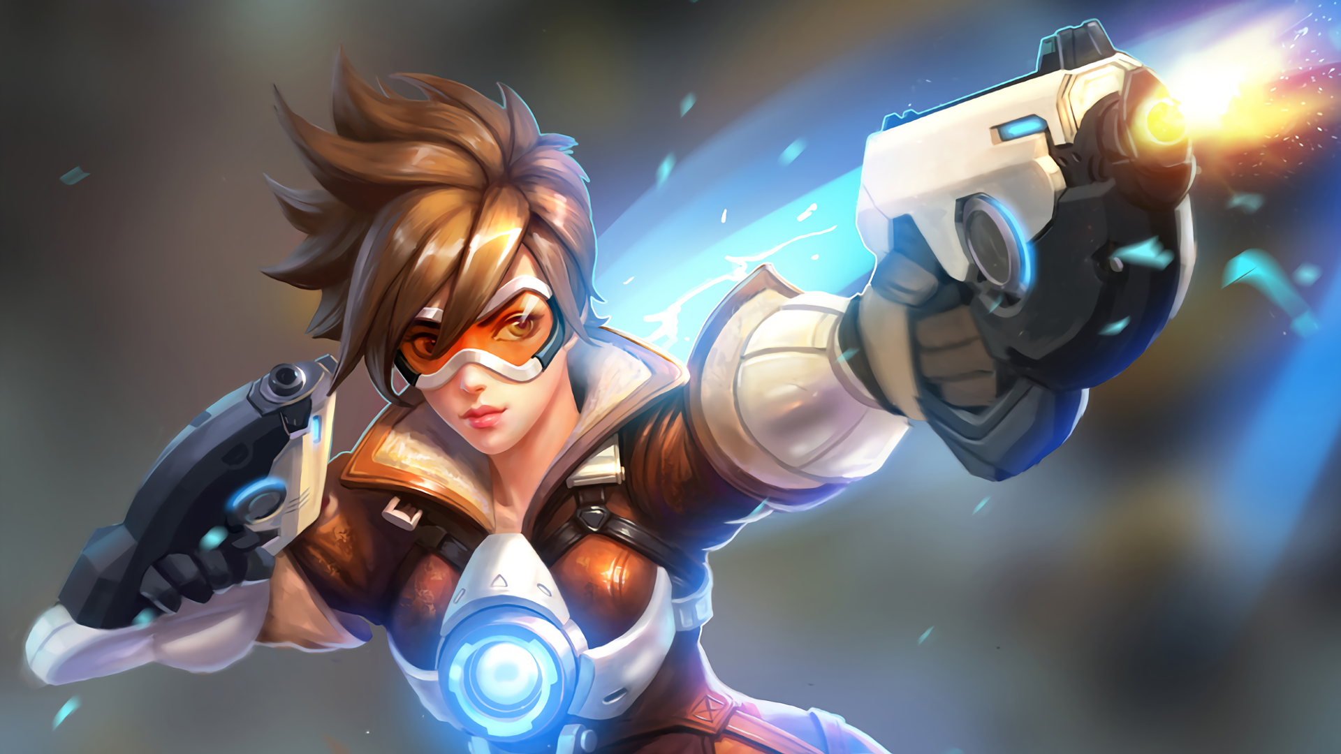 Tracer from Overwatch firing her pistols HD Wallpaper