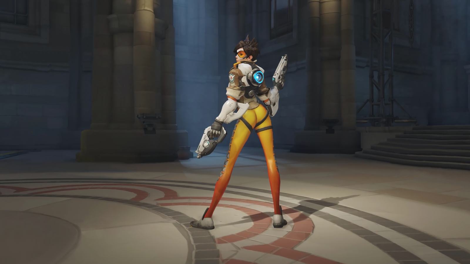 Tracer from Overwatch in a temple setting HD Wallpaper