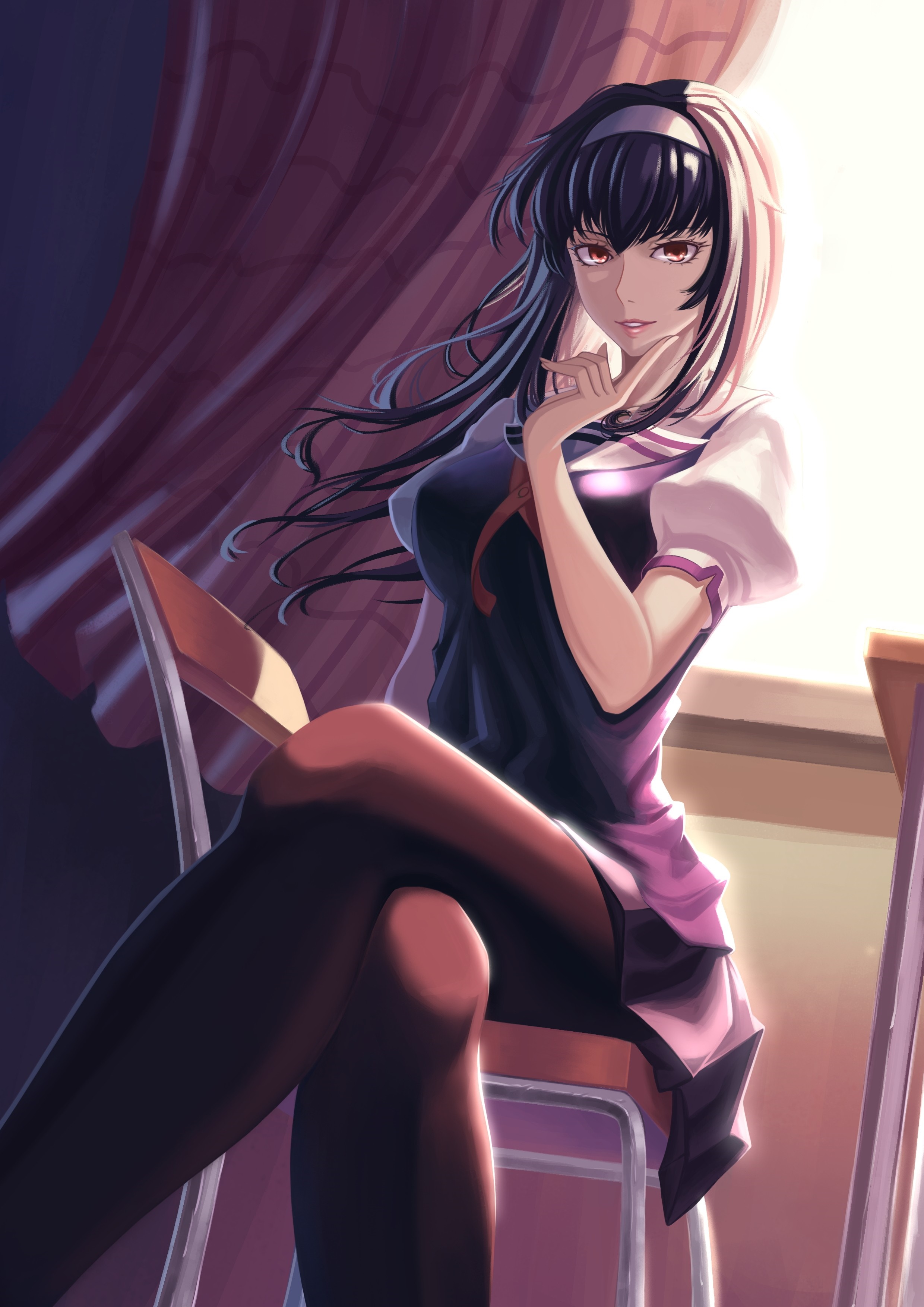 Anime girl with black hair and red eyes sitting HD Wallpaper