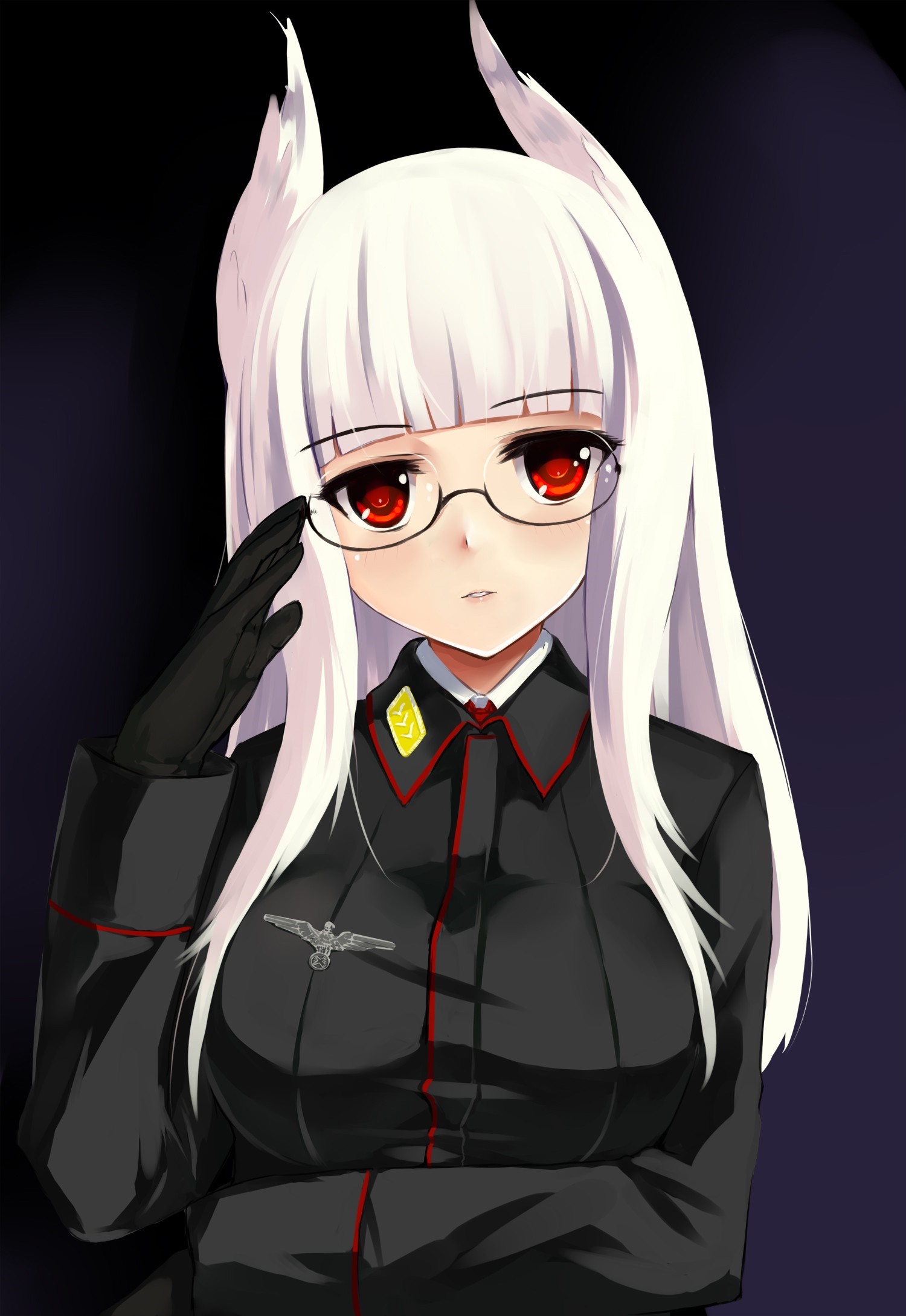 Anime girl with white hair, red eyes, and glasses in uniform HD Wallpaper