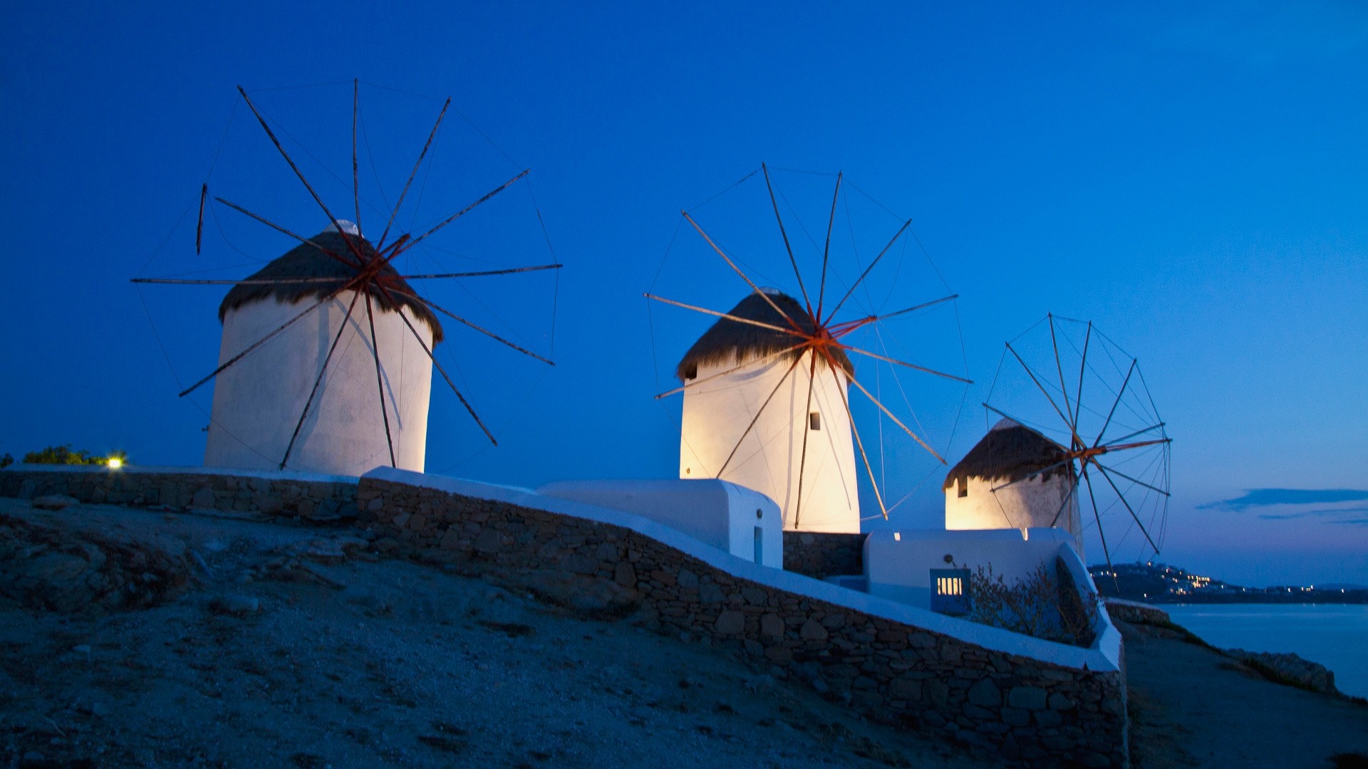 Windmills on Mykonos Island, Greece at Dusk HD Wallpaper