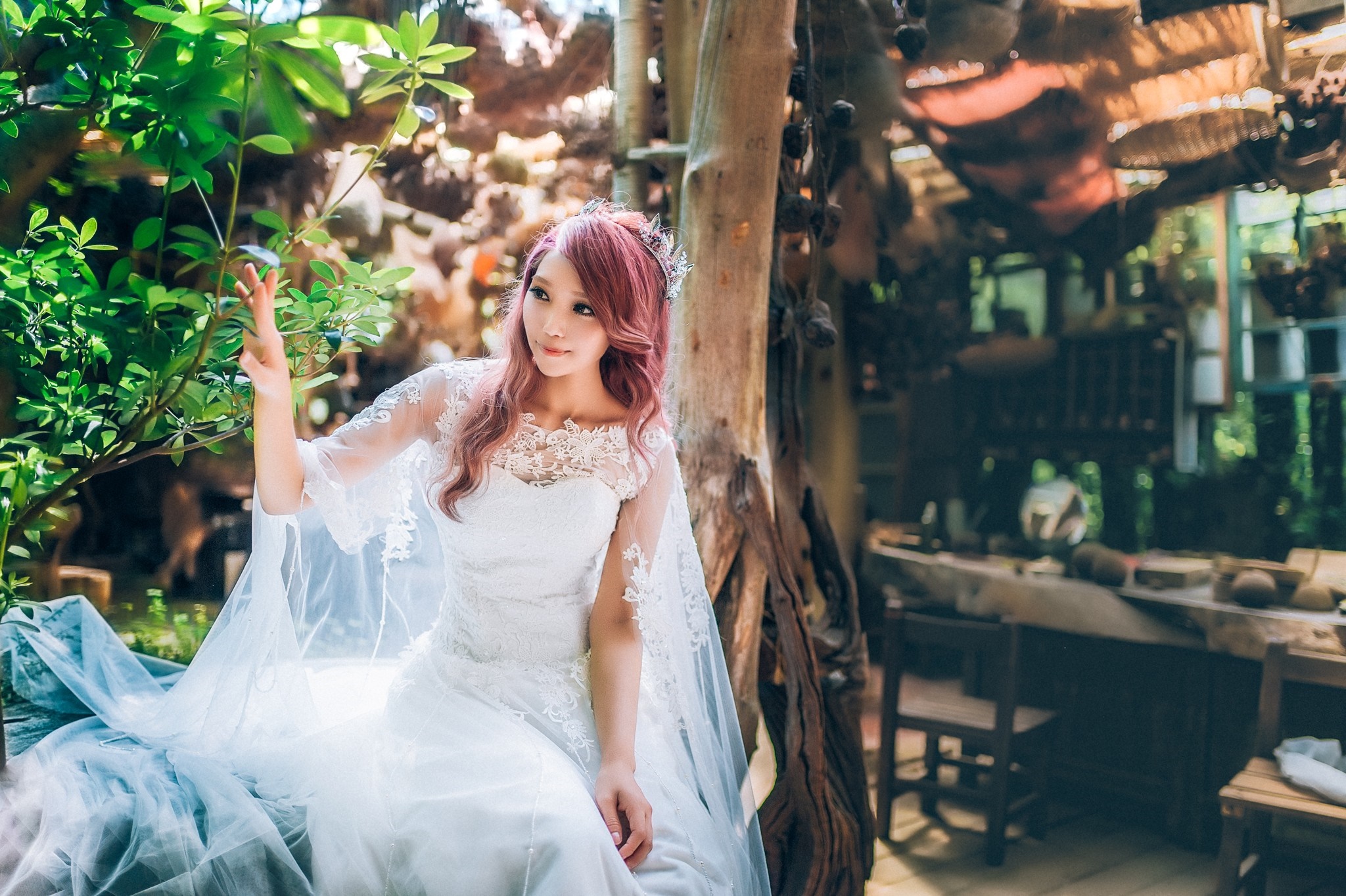 Bride in Elegant White Dress in Rustic Setting HD Wallpaper