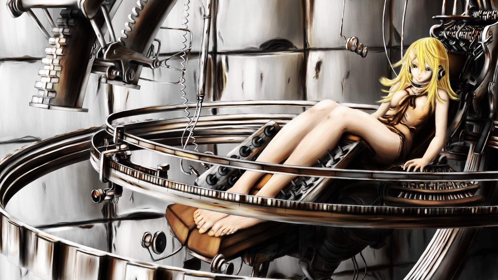 Anime girl in a mechanical chair HD Wallpaper