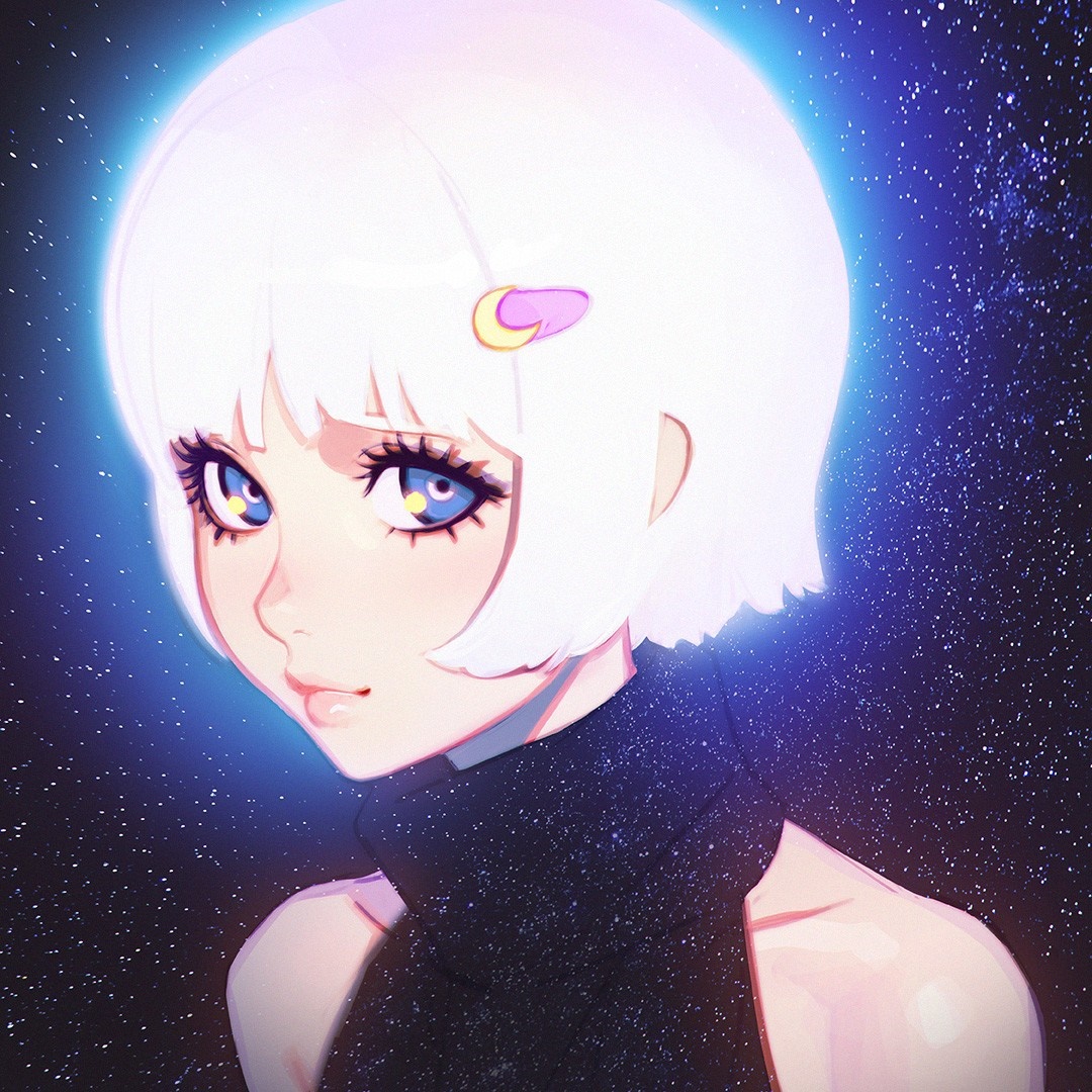 Anime girl with white hair and blue eyes in space HD Wallpaper