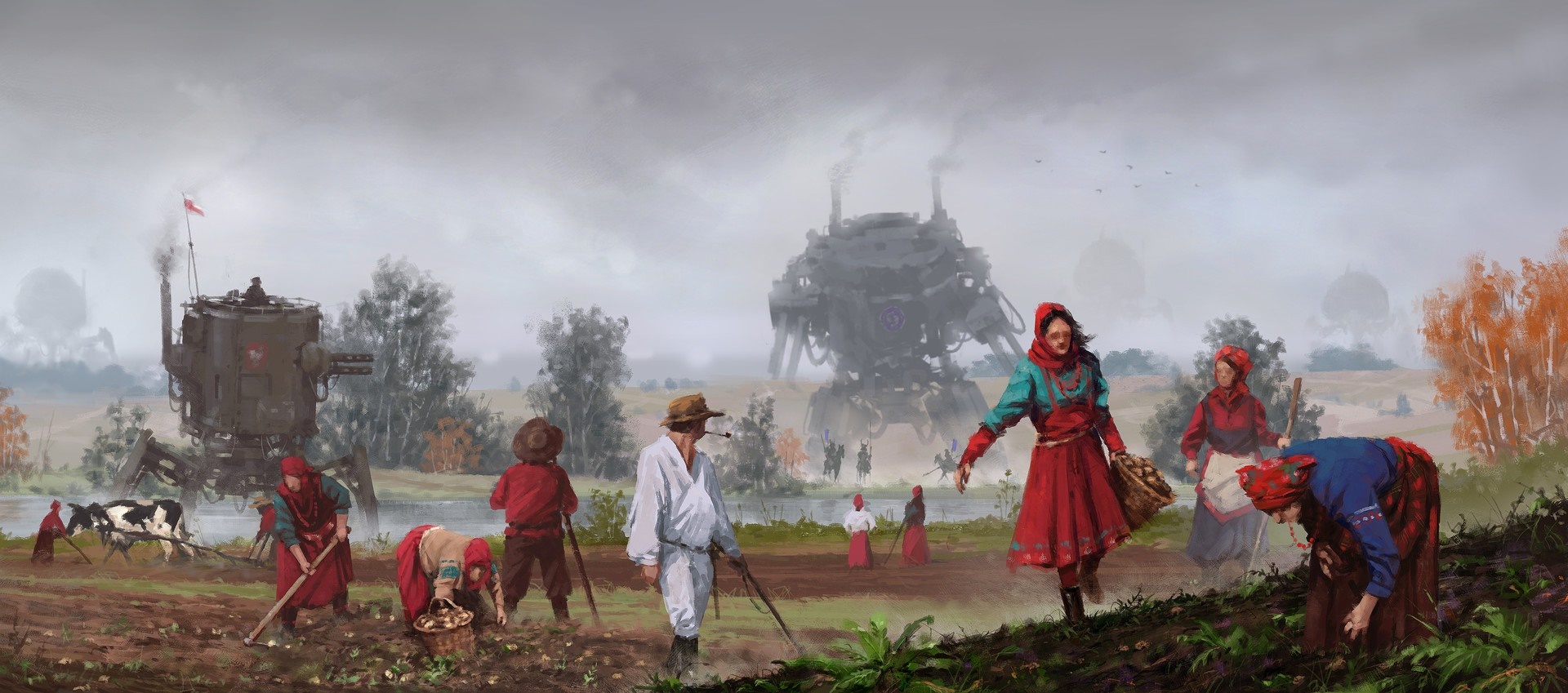Steampunk farm with people and giant machines HD Wallpaper