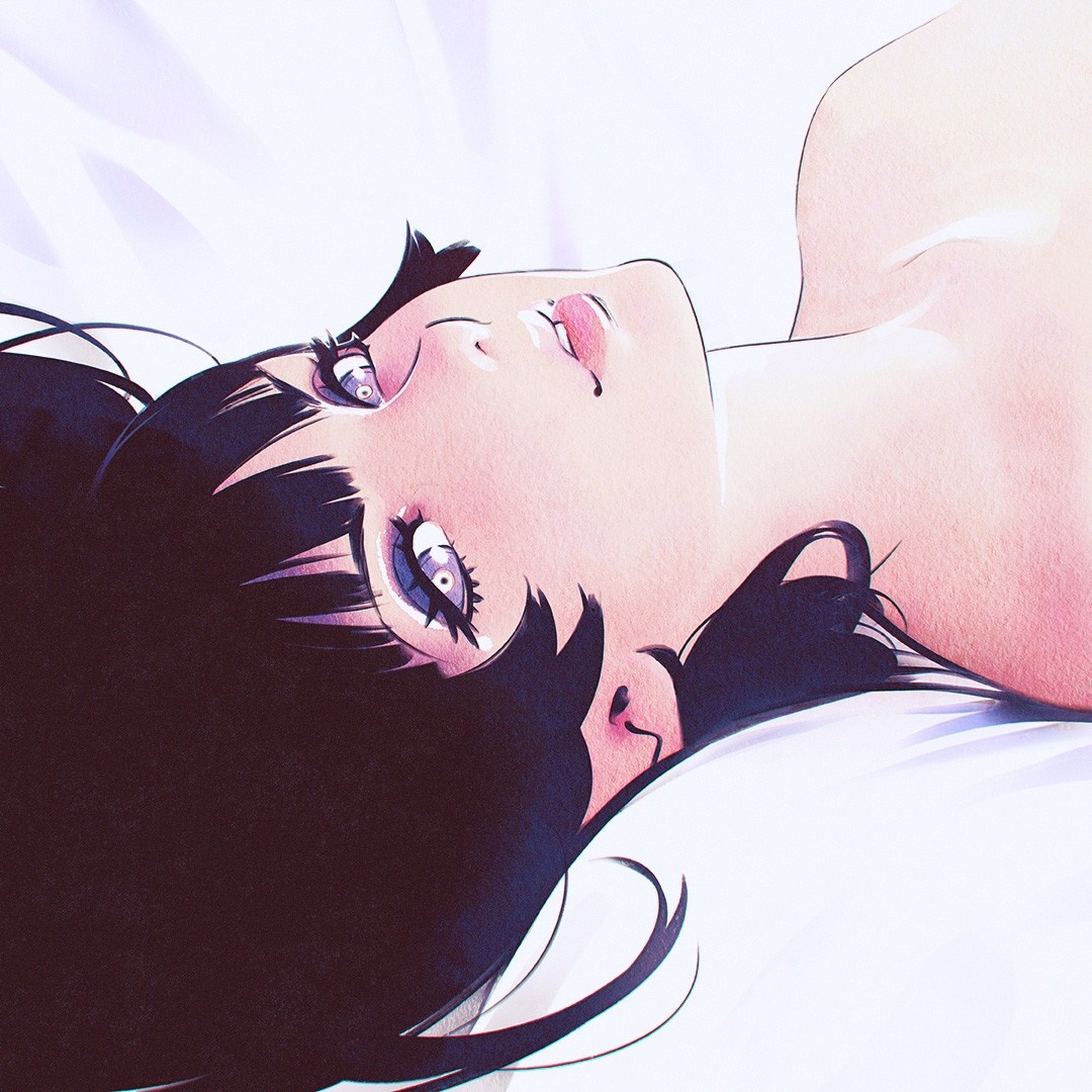 Anime girl with black hair lying down HD Wallpaper