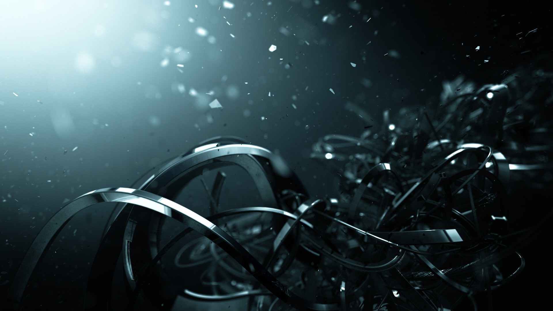 Abstract metallic shapes with floating particles HD Wallpaper