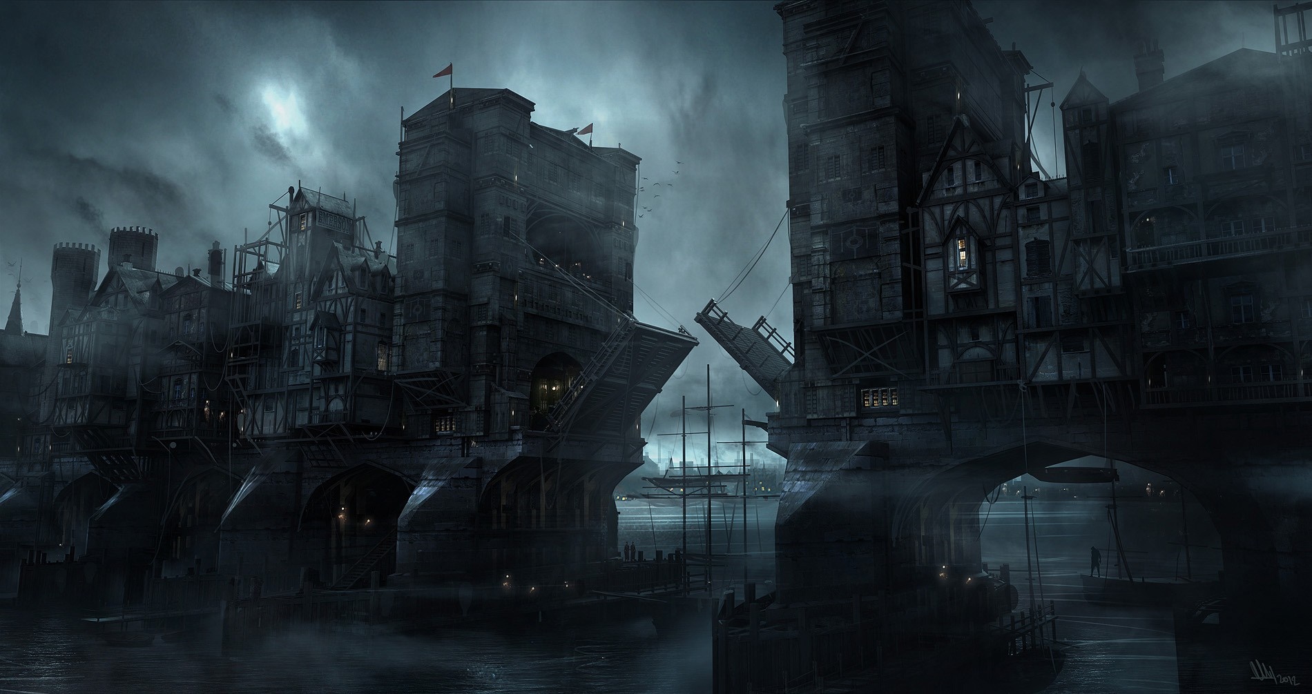 Dark fantasy city built on a river with a drawbridge HD Wallpaper