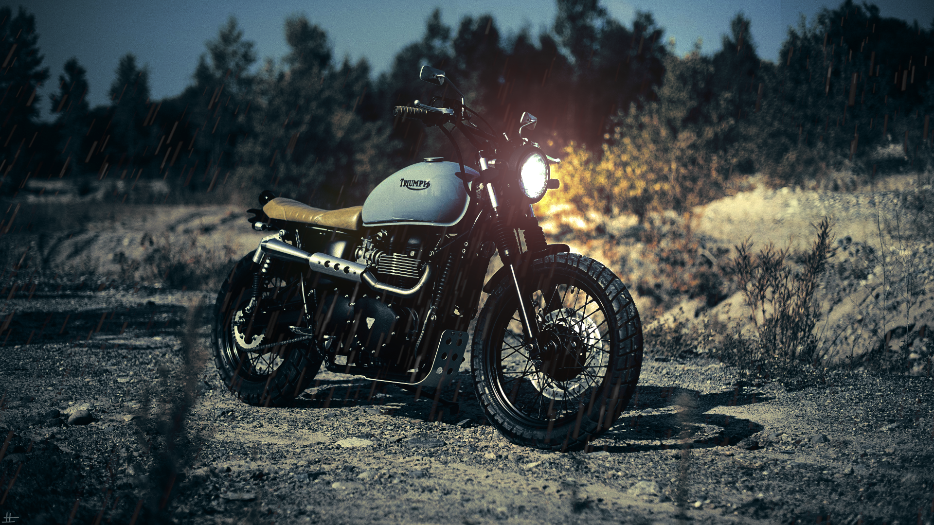 Triumph motorcycle parked on a dirt road in the rain HD Wallpaper