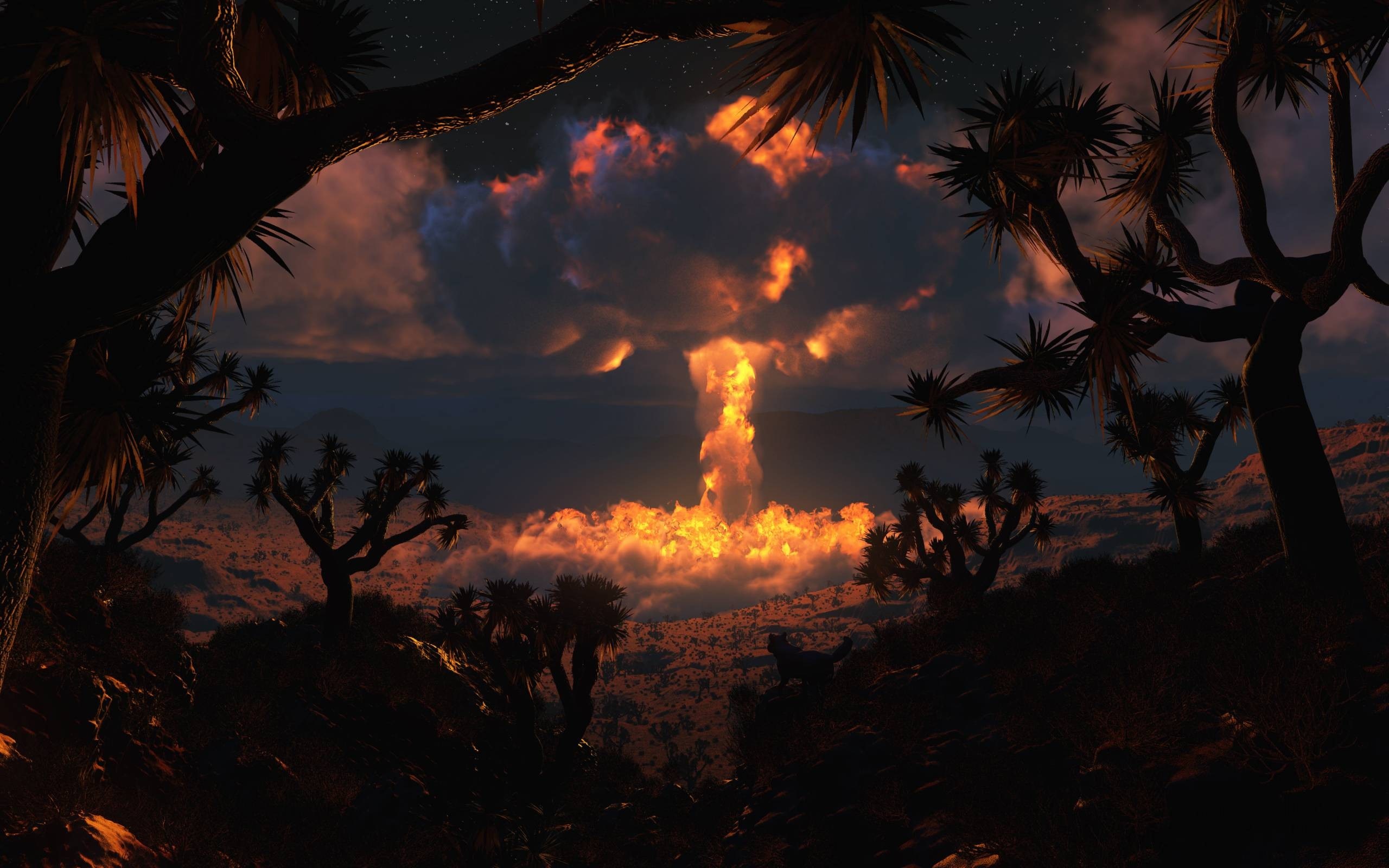 Nuclear explosion in a desert landscape at dusk HD Wallpaper