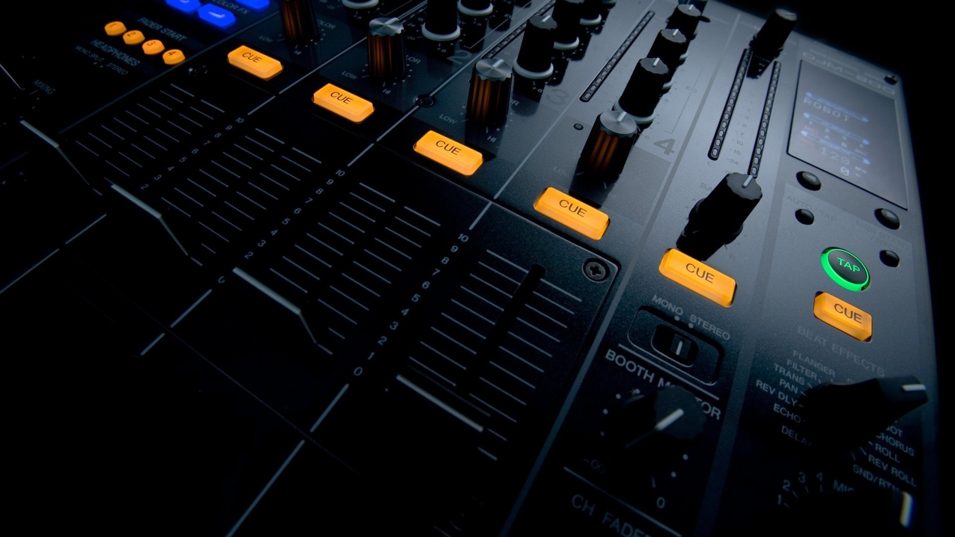 DJ mixer with illuminated buttons and faders HD Wallpaper