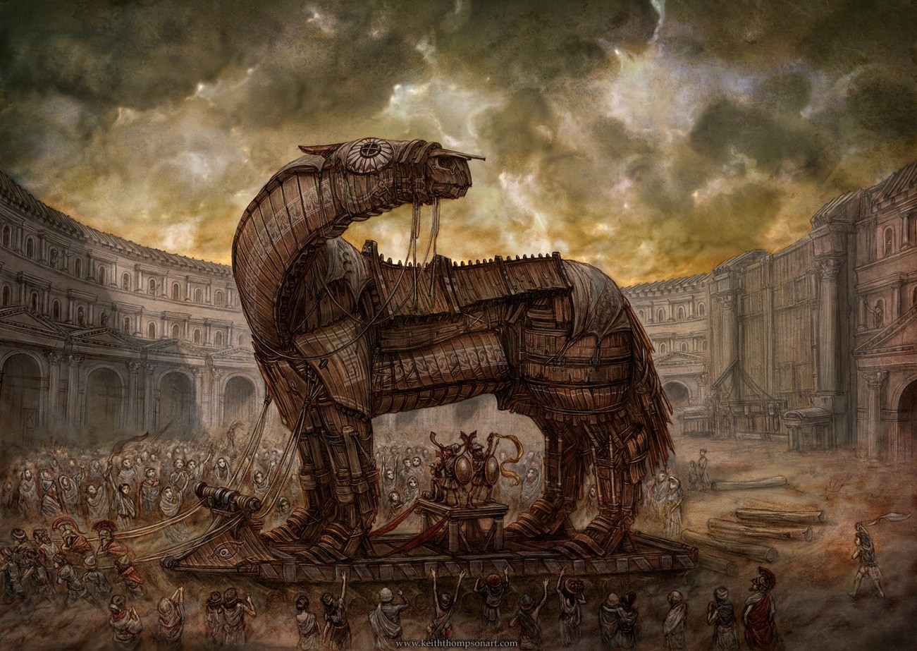 The Trojan Horse in a courtyard with a crowd HD Wallpaper