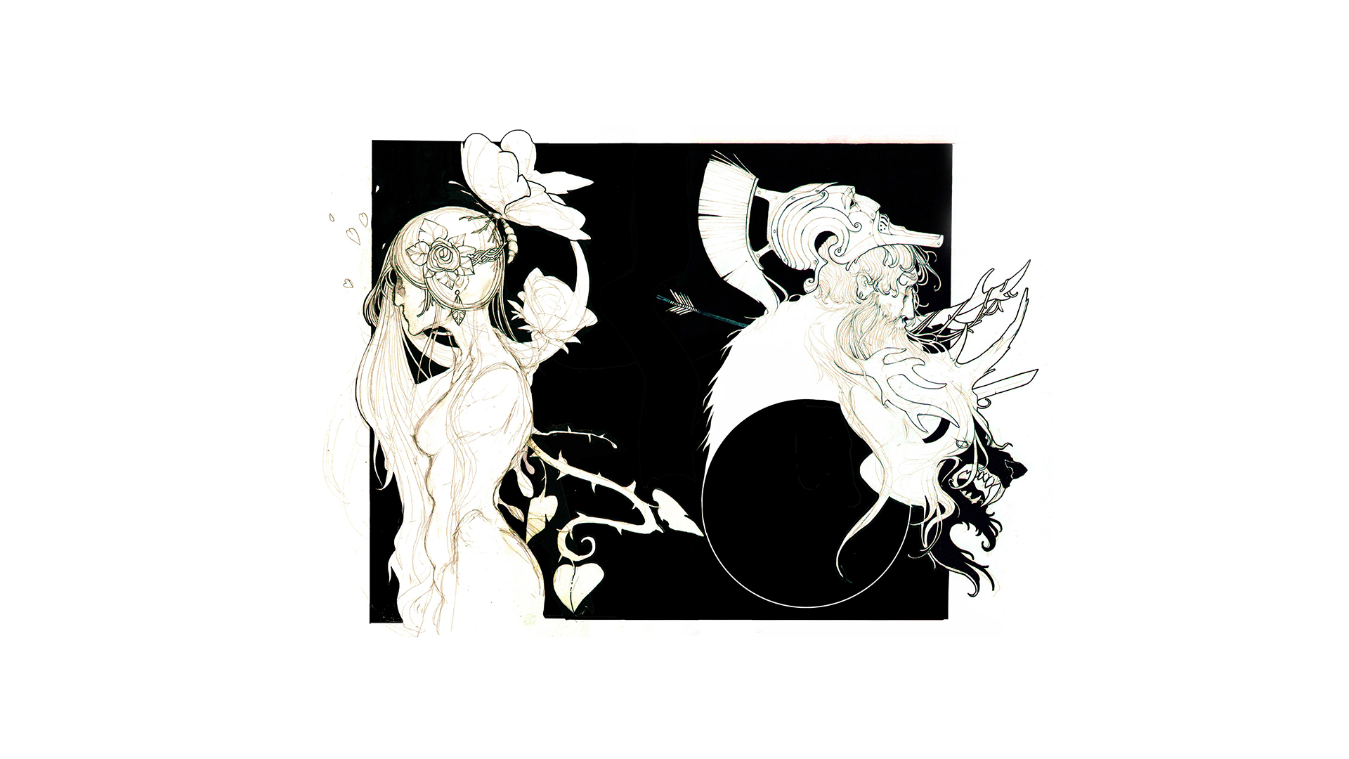 Illustration of a woman with a butterfly and a warrior with a skull helmet HD Wallpaper