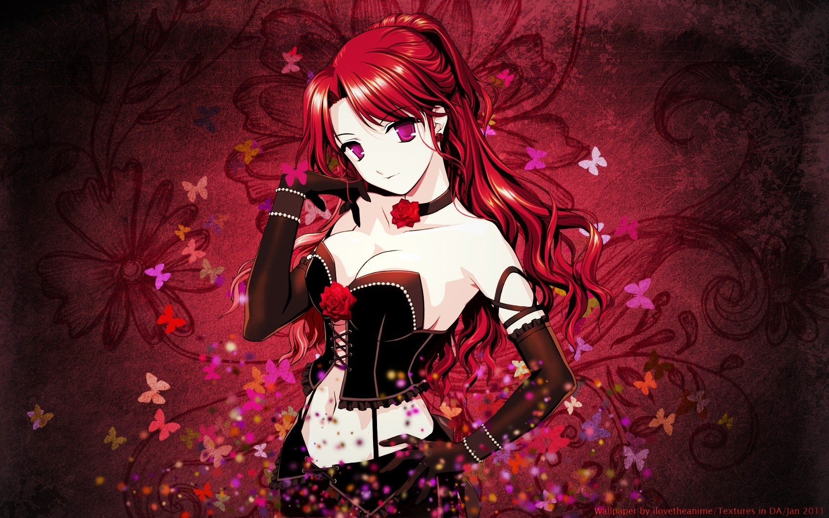 Anime girl with red hair and flowers HD Wallpaper