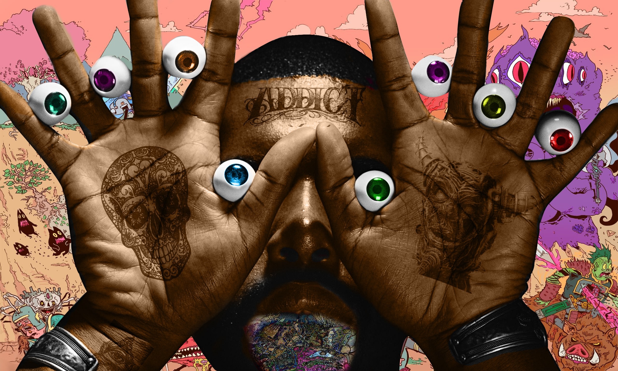 Illustration of a man with eyes on his hands HD Wallpaper