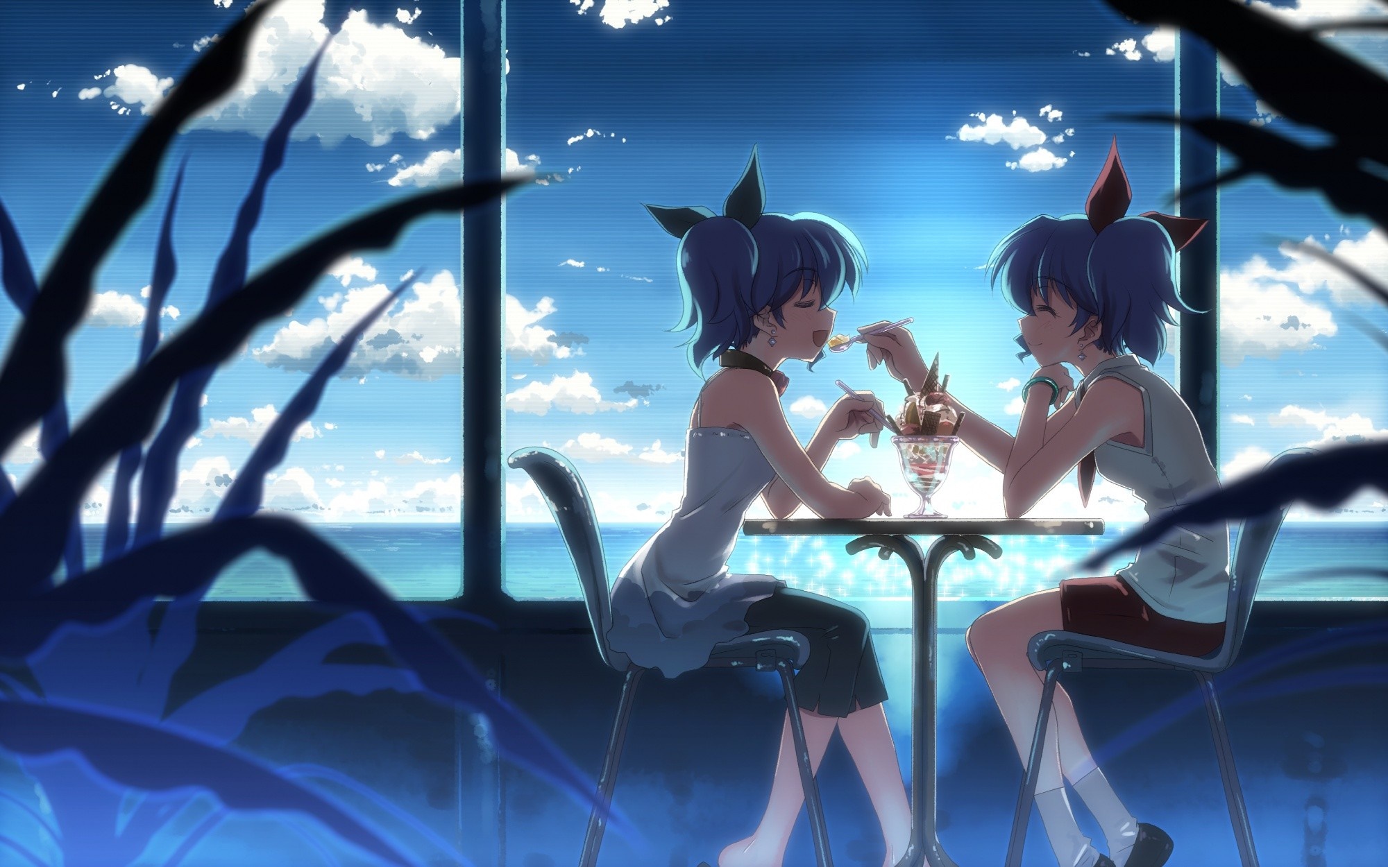 Two anime girls eating ice cream by the sea HD Wallpaper
