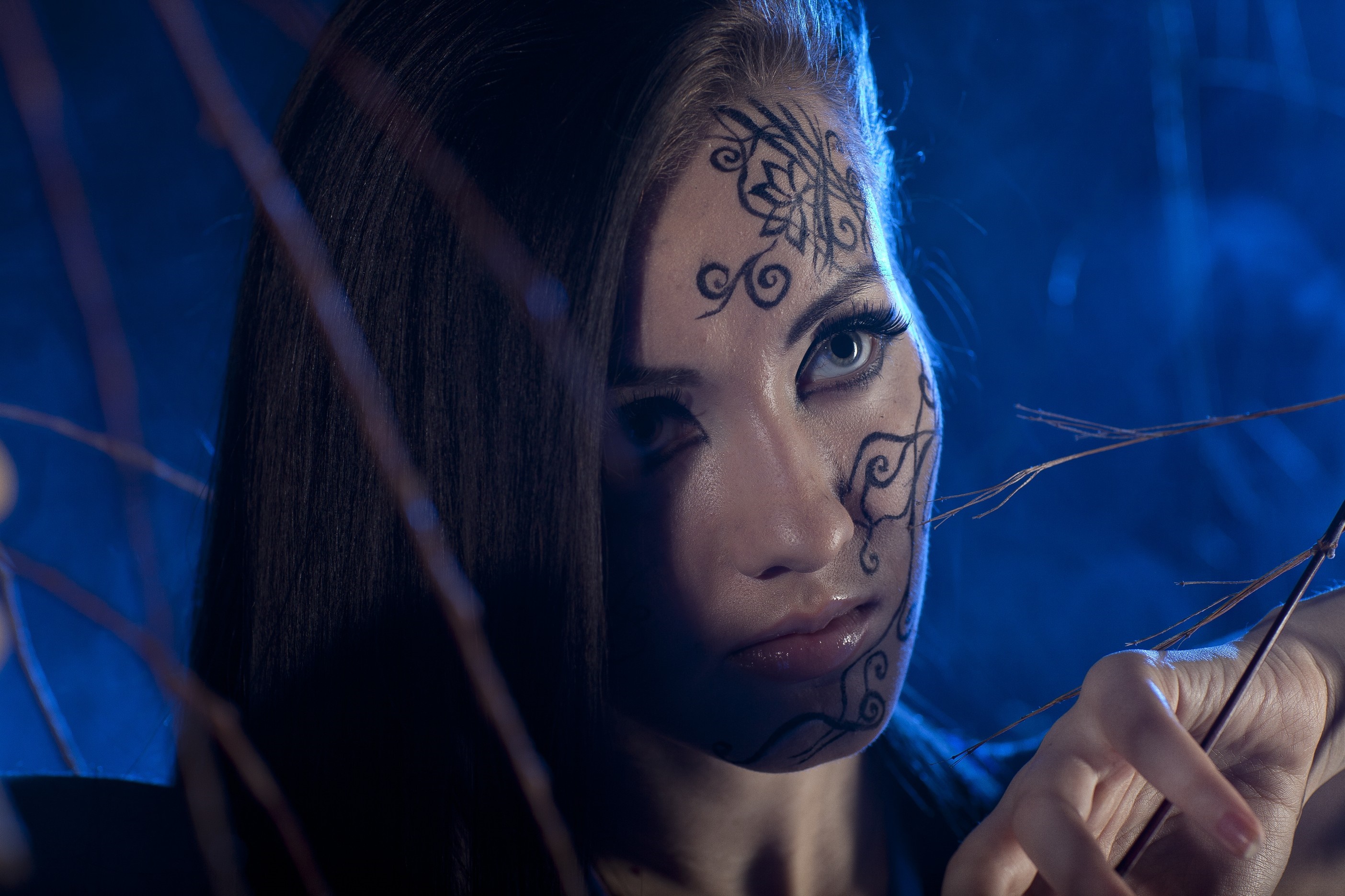 Woman with face paint and branches HD Wallpaper