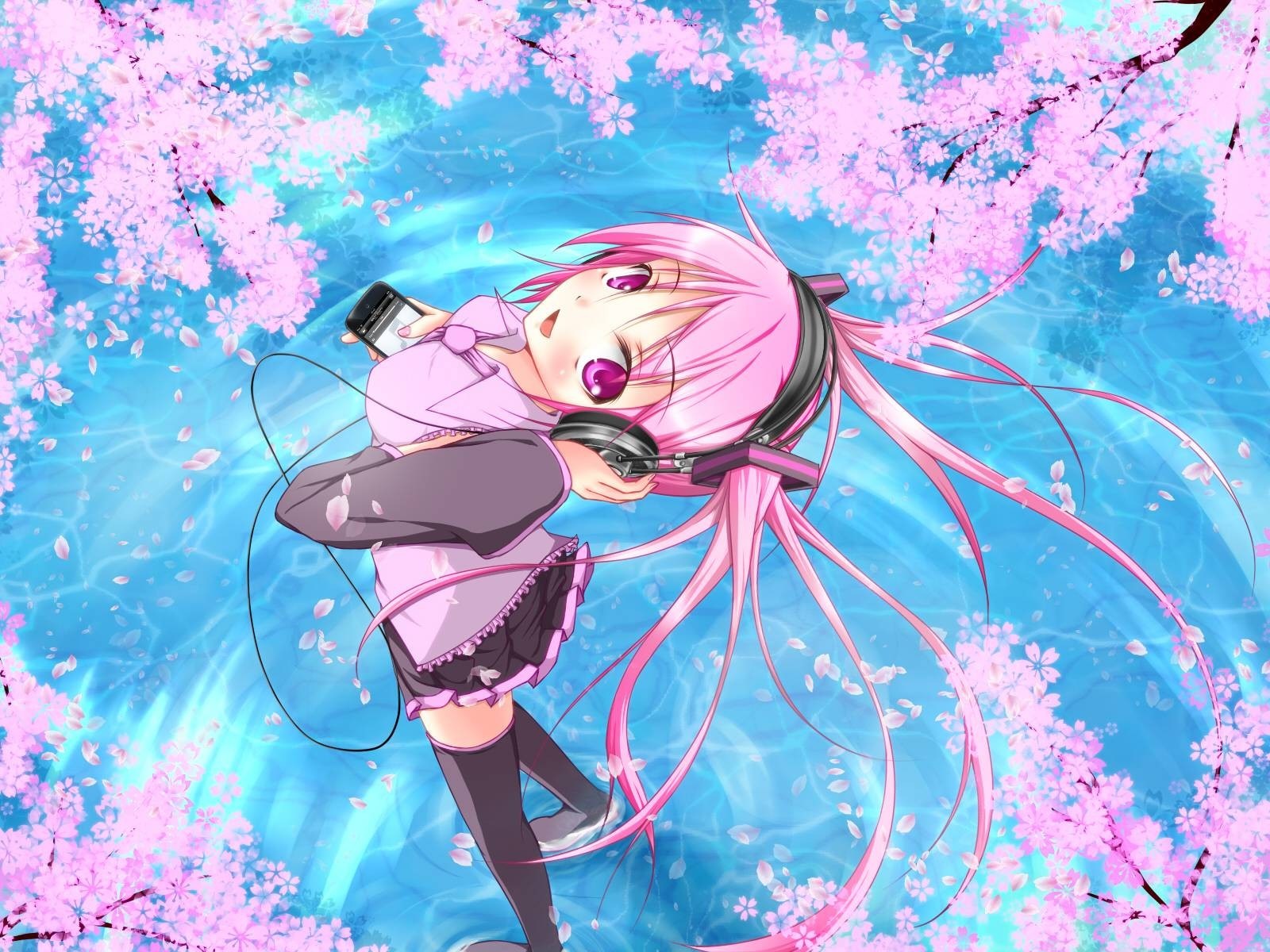 Anime girl with pink hair wearing headphones and listening to music HD Wallpaper