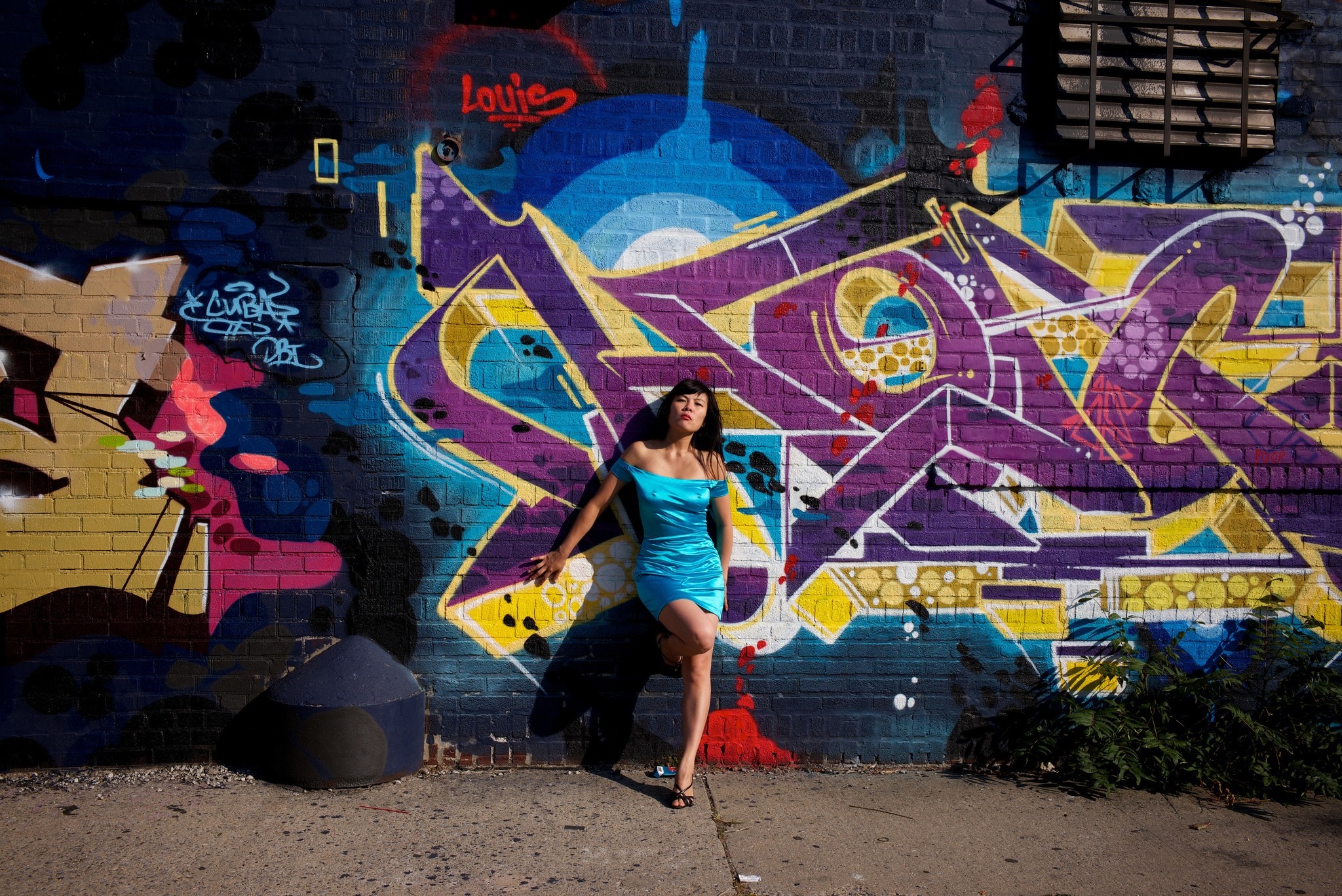 Woman in blue dress leaning against graffiti wall HD Wallpaper