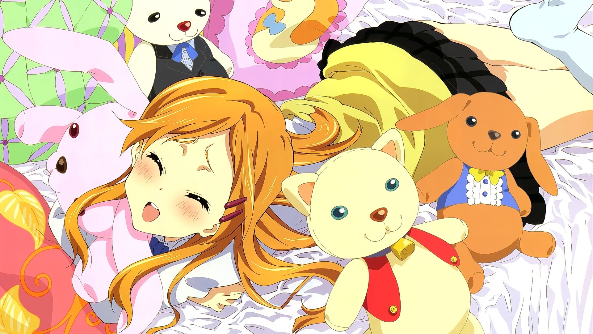 Anime girl with stuffed animals on a bed HD Wallpaper
