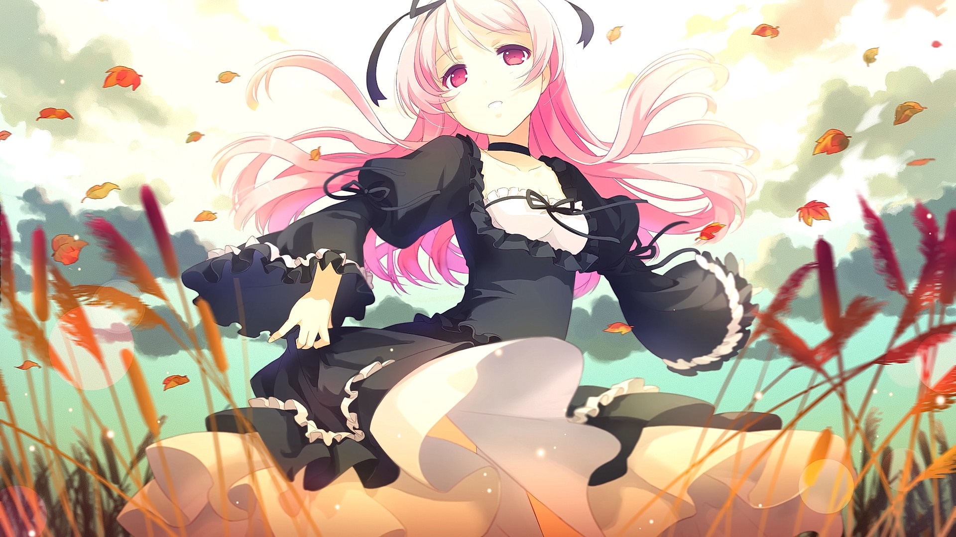 Anime girl with pink hair in a black dress HD Wallpaper