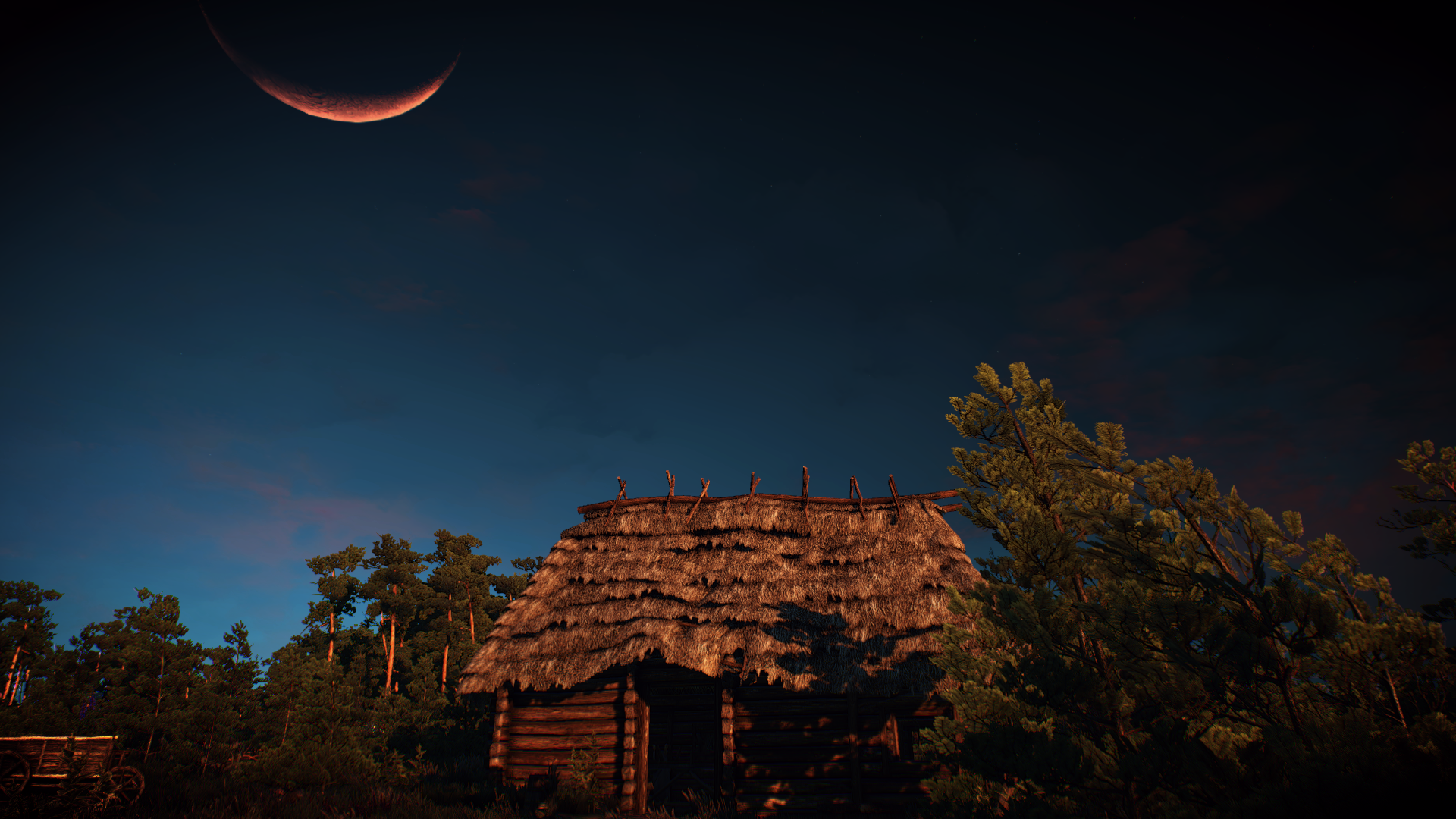 The Witcher 3 Wild Hunt: Crescent Moon over a Thatched Hut HD Wallpaper