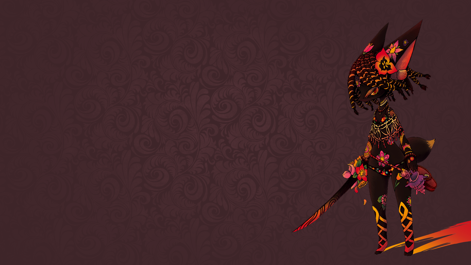 Anthropomorphic fox warrior with sword and floral patterns HD Wallpaper