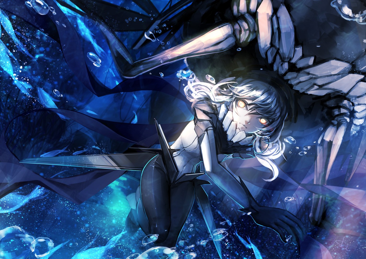 Anime girl with white hair and yellow eyes in a dark blue underwater setting HD Wallpaper
