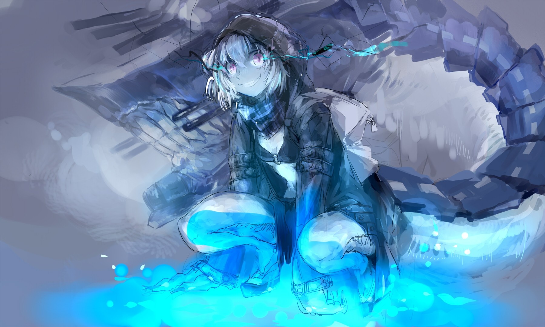 Anime girl with blue energy and large creature HD Wallpaper