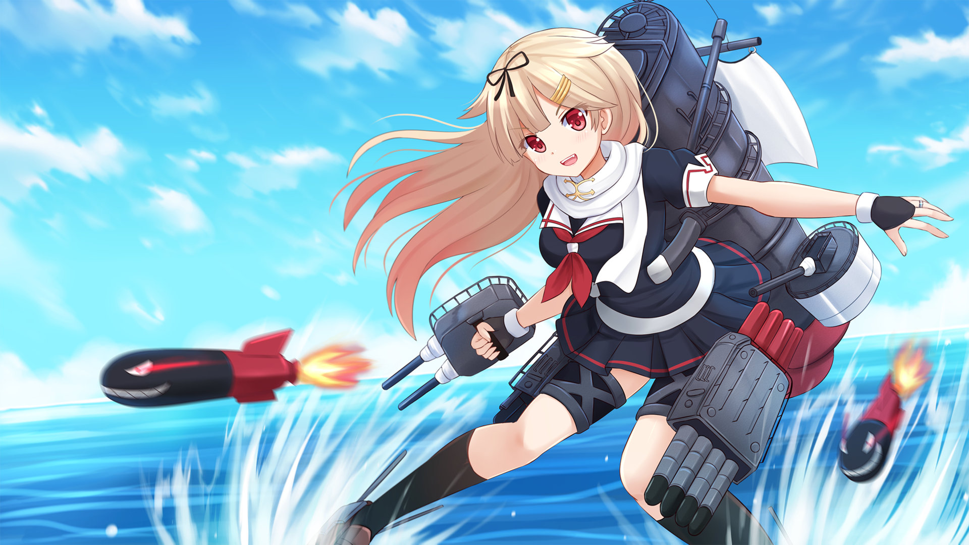 Yuudachi KanColle from Kantai Collection firing torpedoes HD Wallpaper