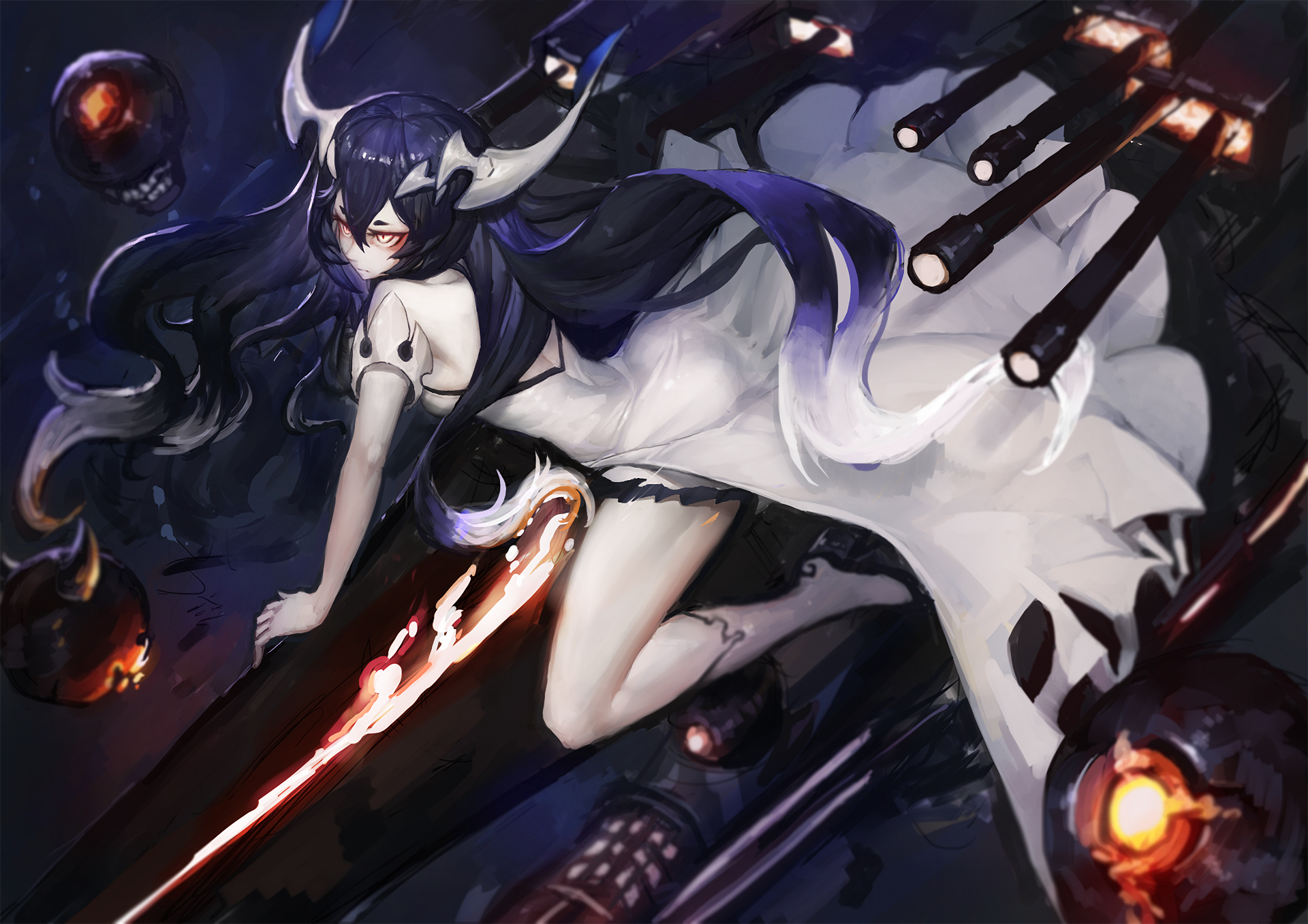 Anime girl with horns and fiery sword HD Wallpaper