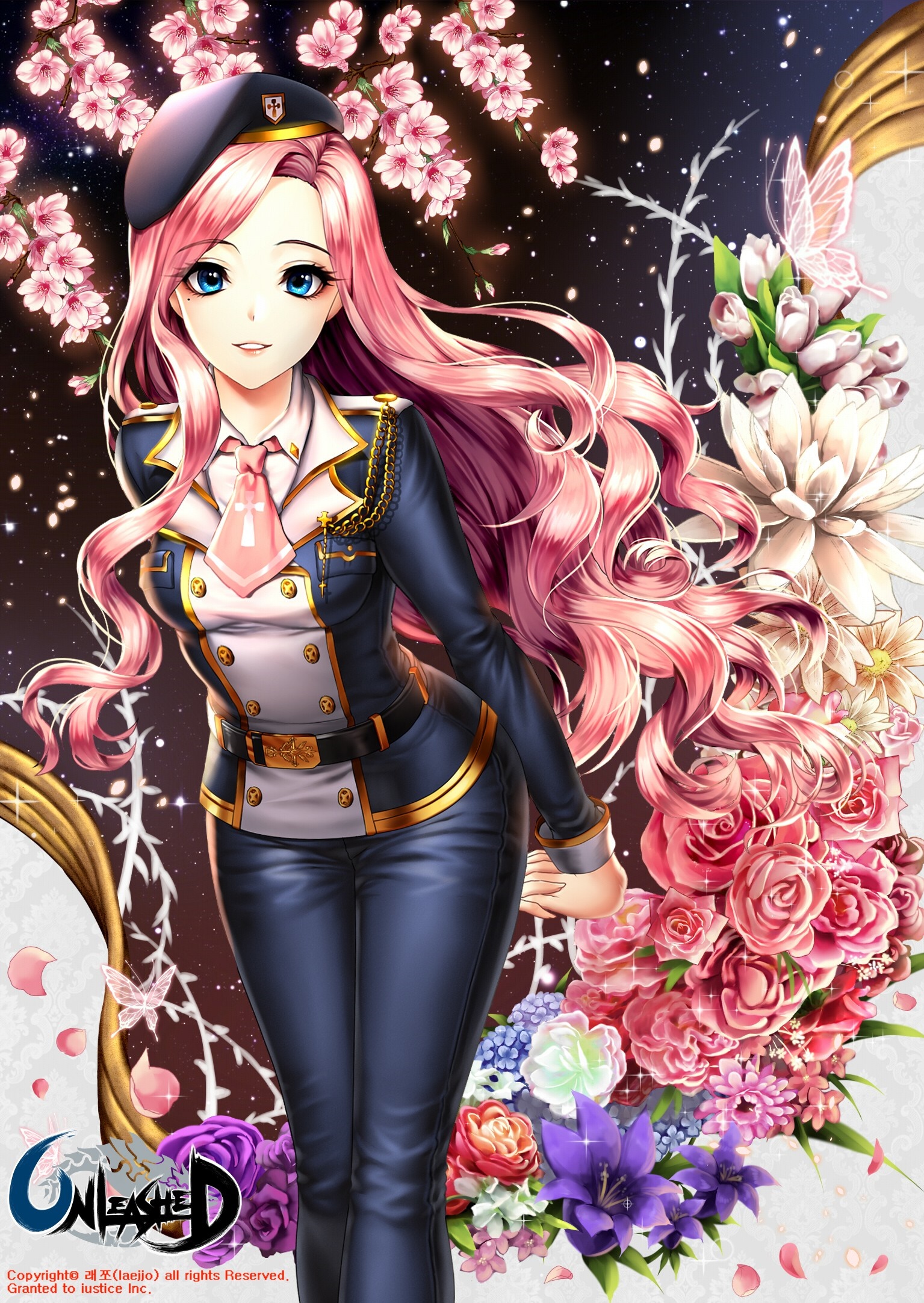 Anime girl with pink hair in uniform with flowers HD Wallpaper