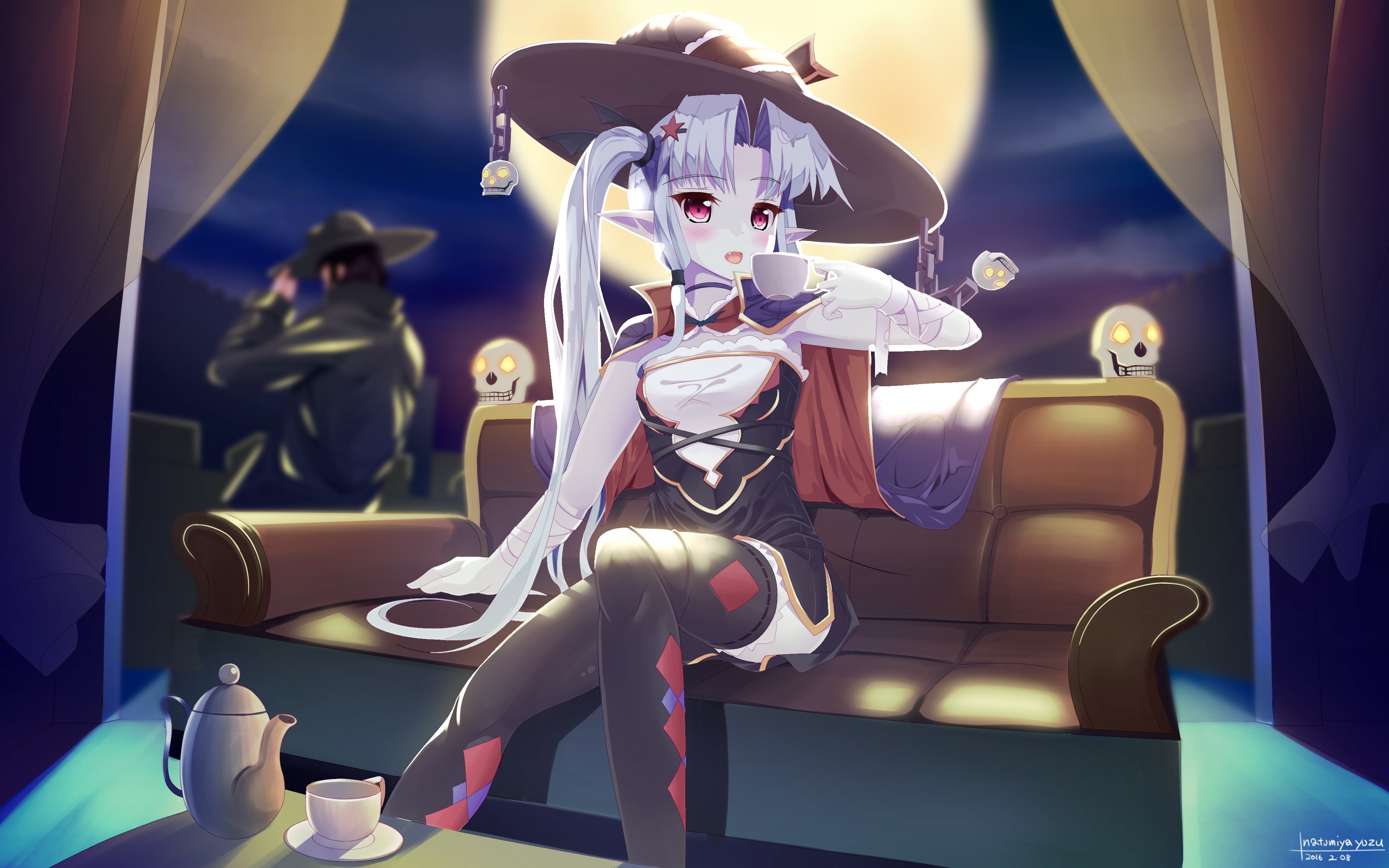 Anime witch girl drinking tea with a man in the background HD Wallpaper