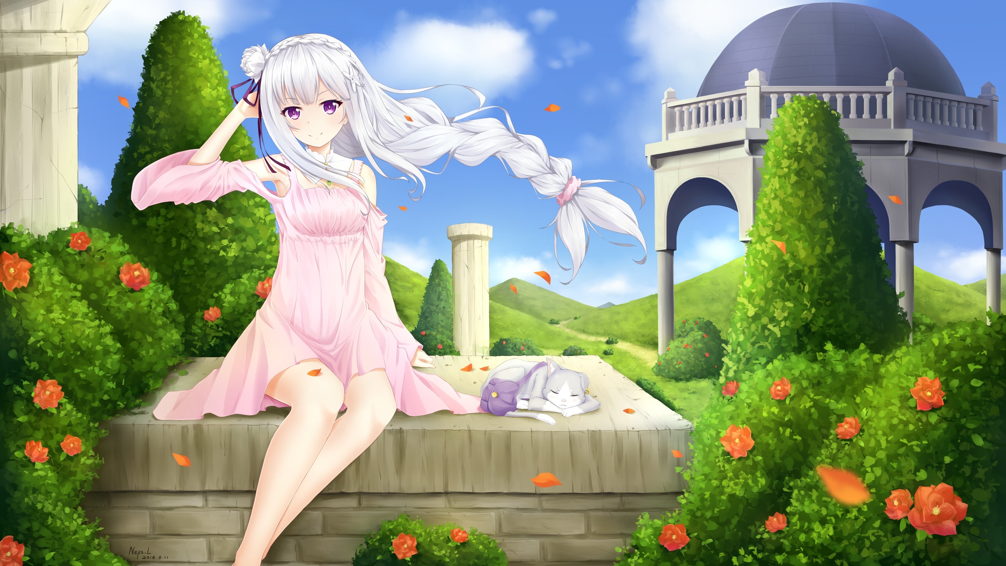 Emilia from Re:Zero in a garden with a cat HD Wallpaper