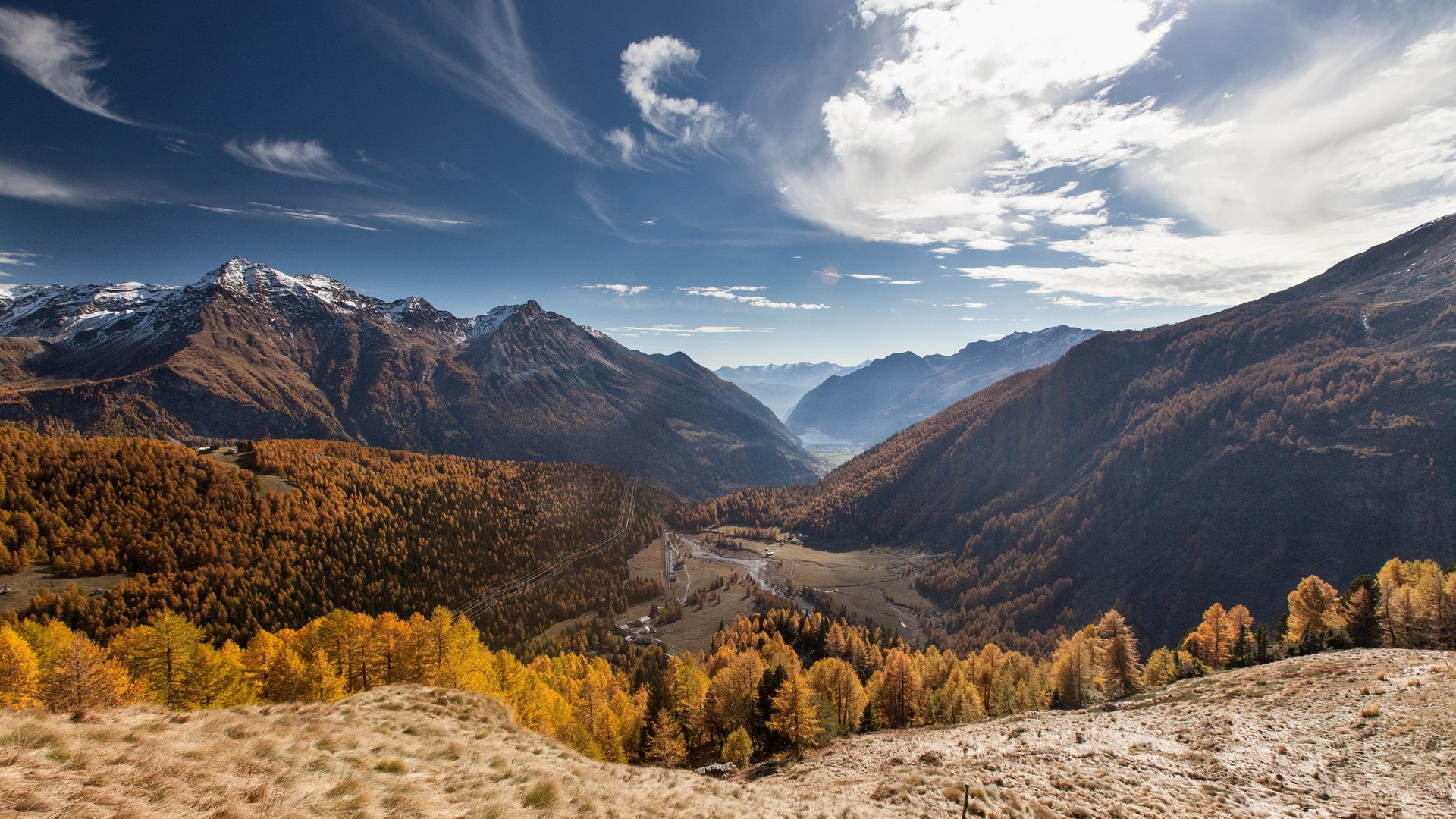 Autumn mountain valley with snow-capped peaks HD Wallpaper