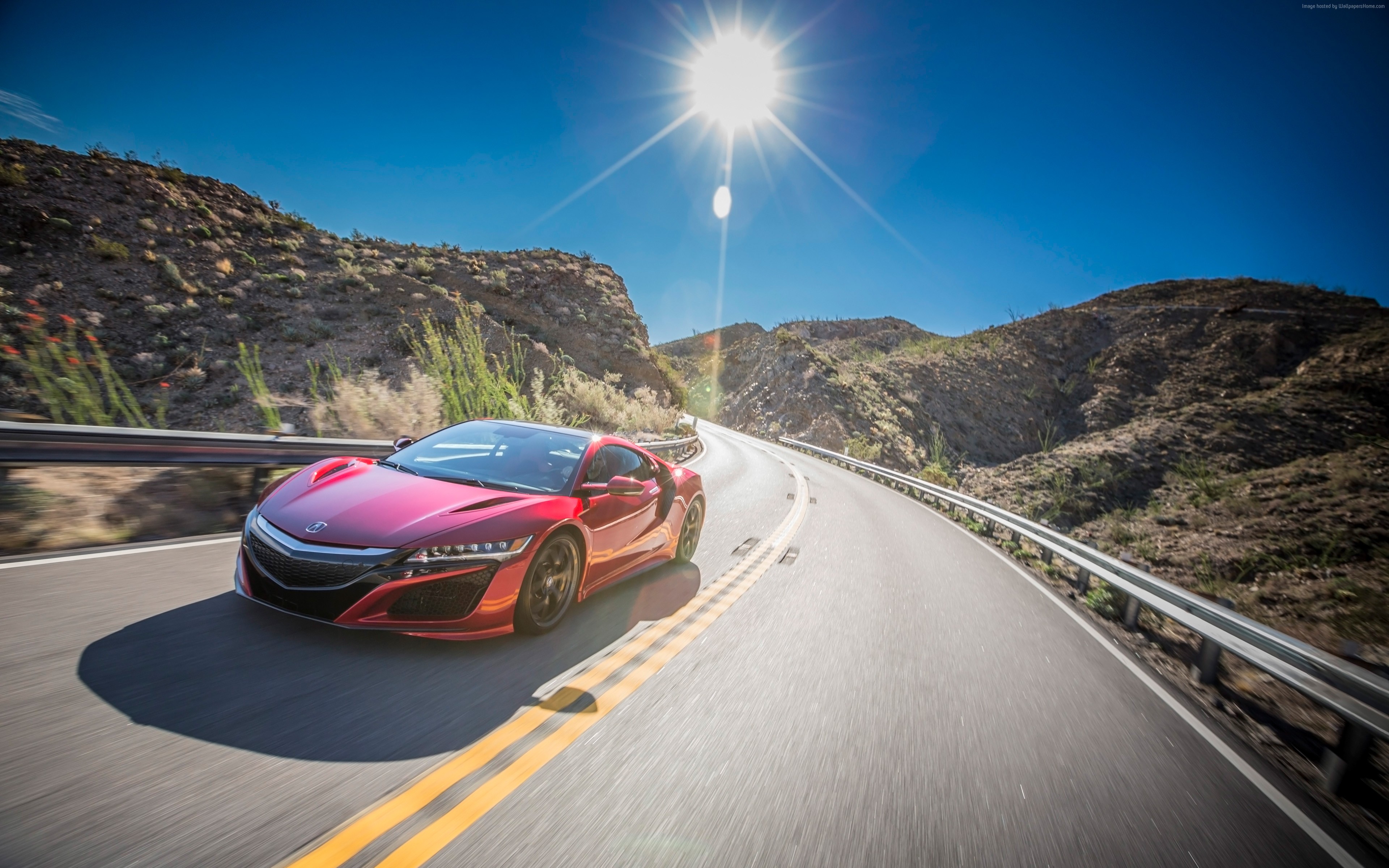 Red 2017 Acura NSX driving on a desert road HD Wallpaper