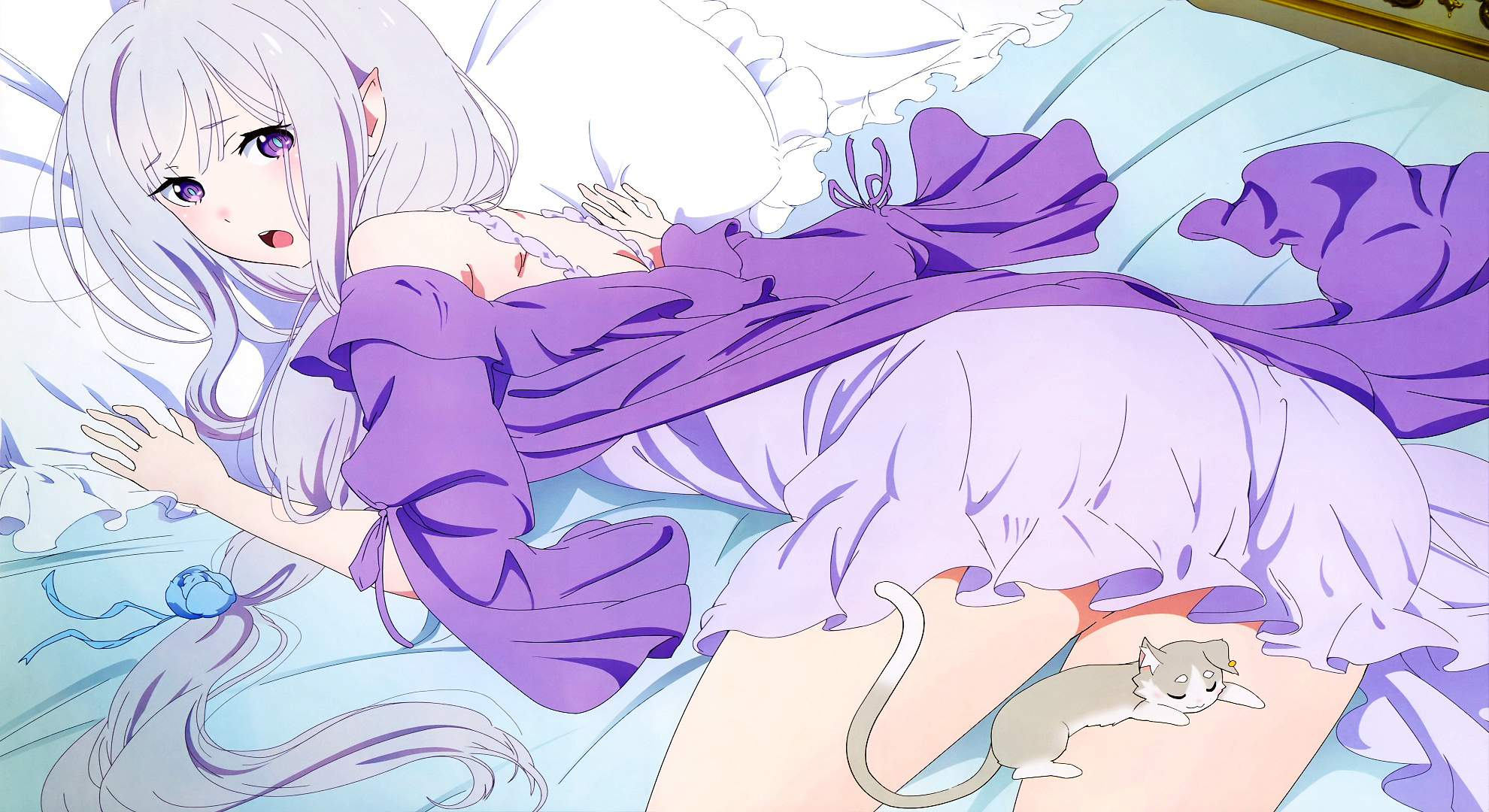 Emilia from Re:Zero in bed with a cat HD Wallpaper