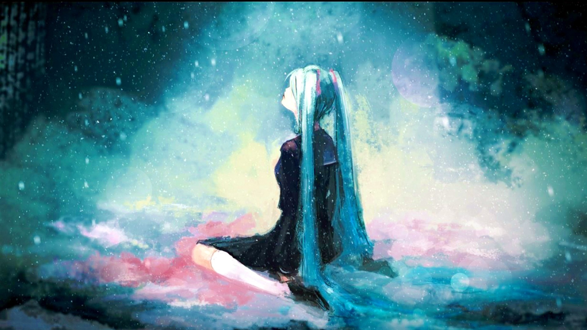 Hatsune Miku in a starry, ethereal environment HD Wallpaper