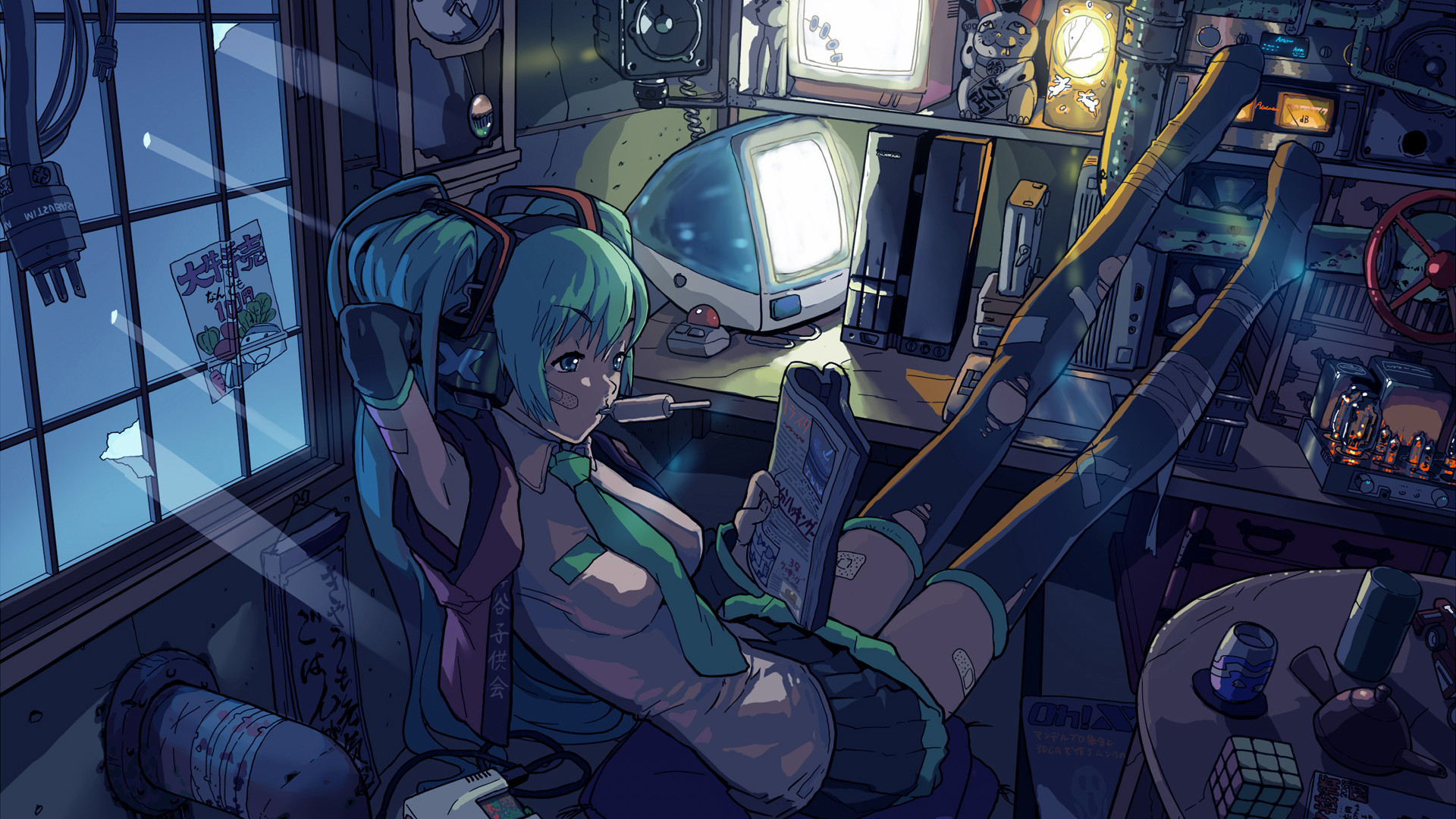 Hatsune Miku in a cluttered room with retro computers HD Wallpaper