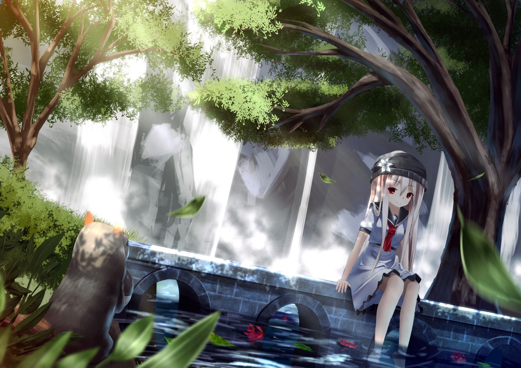Anime girl sitting on a bridge near a waterfall HD Wallpaper
