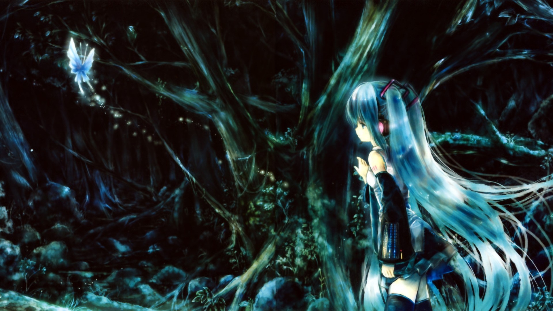 Hatsune Miku in a dark, magical forest with a fairy HD Wallpaper