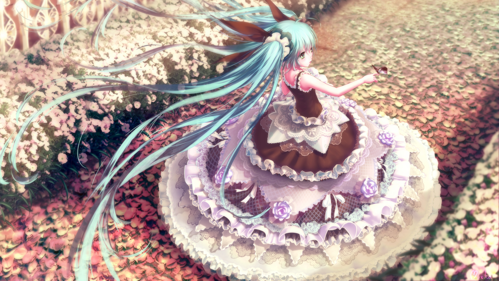 Hatsune Miku in a Lolita dress in a garden HD Wallpaper