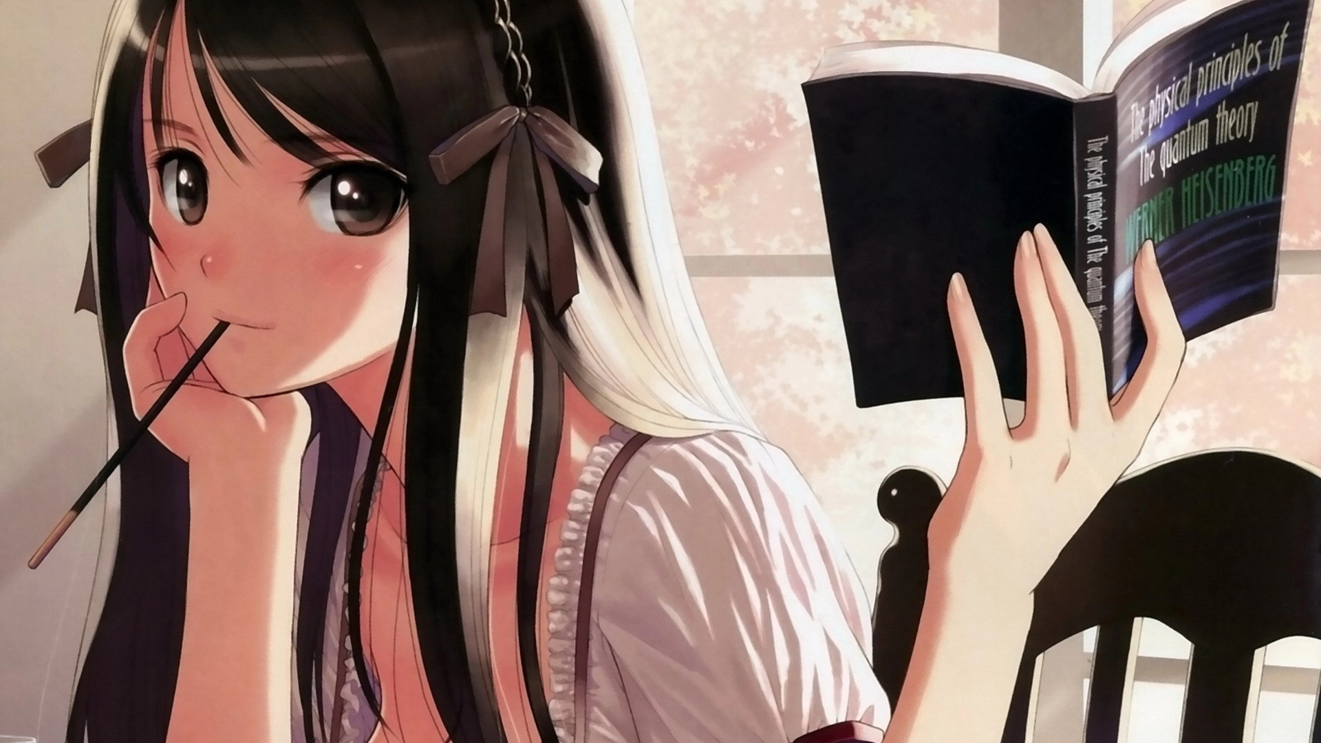 Anime girl reading "The physical principles of the quantum theory" HD Wallpaper