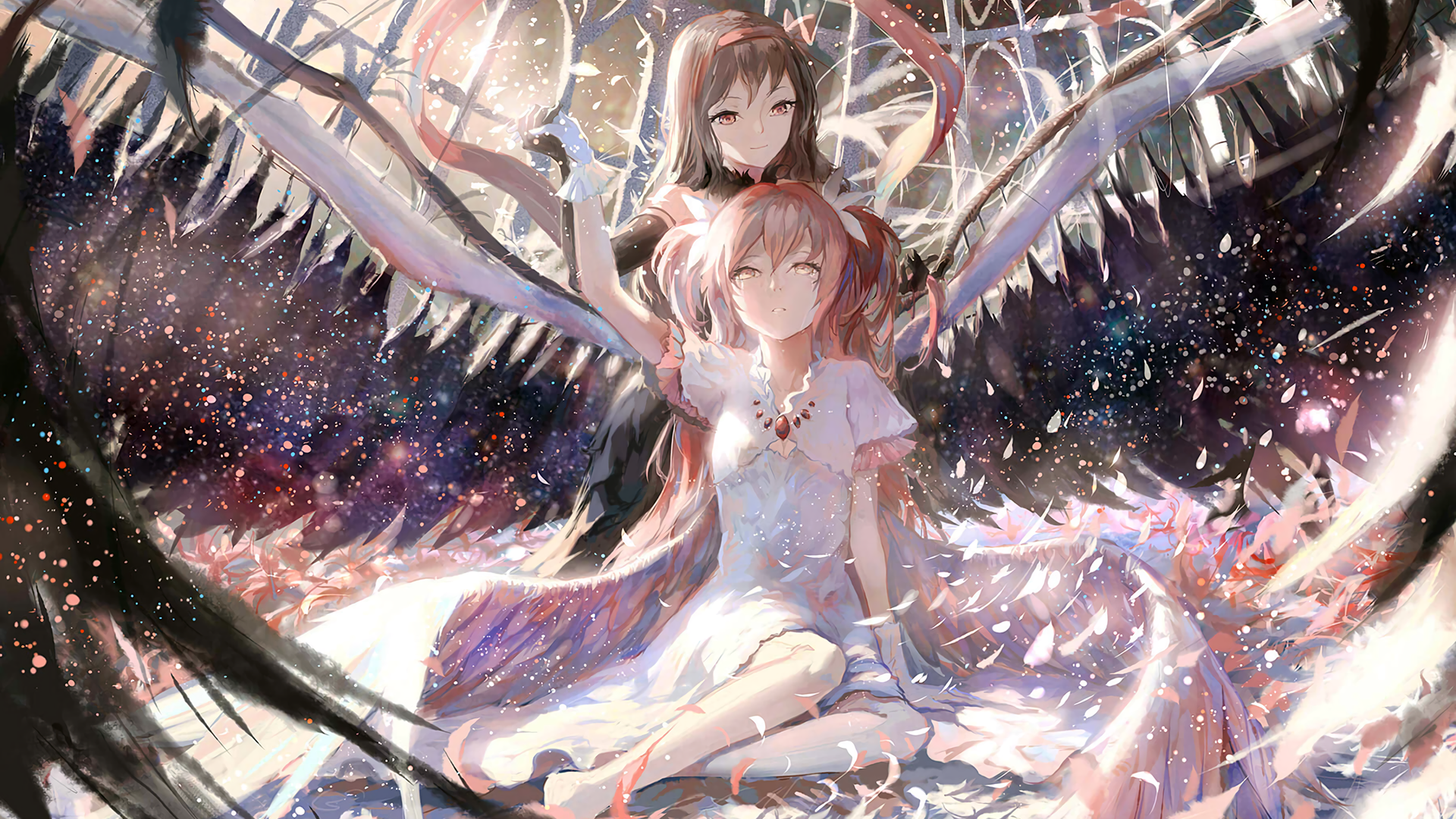 Two anime girls with large wings and cosmic background HD Wallpaper