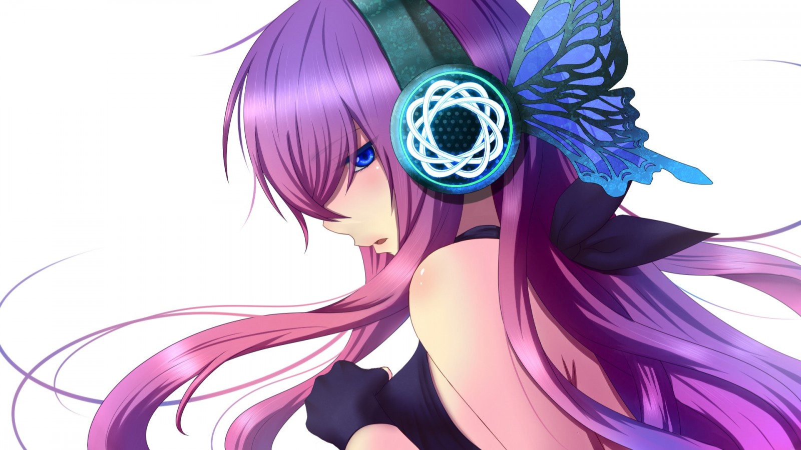 Anime girl with purple hair and headphones HD Wallpaper