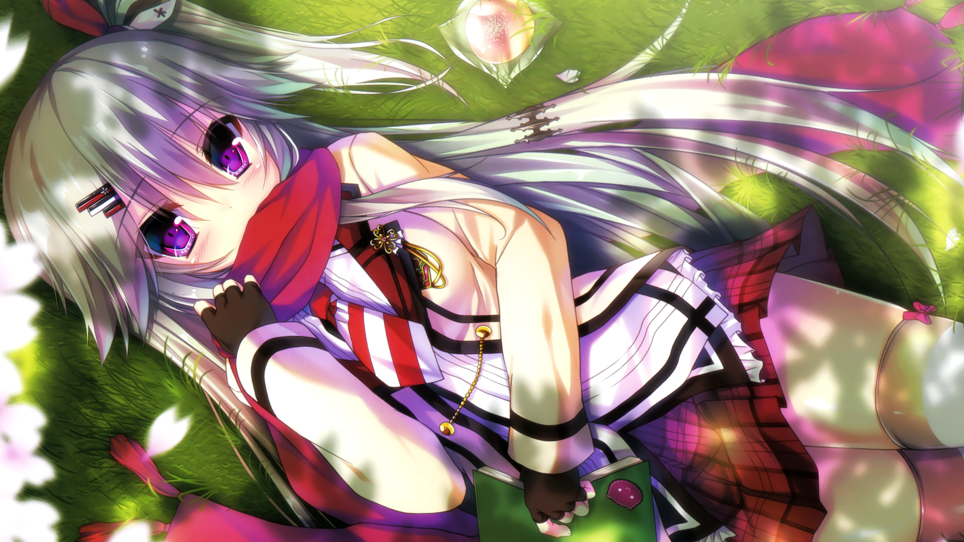 Anime girl with white hair and purple eyes lying on grass HD Wallpaper