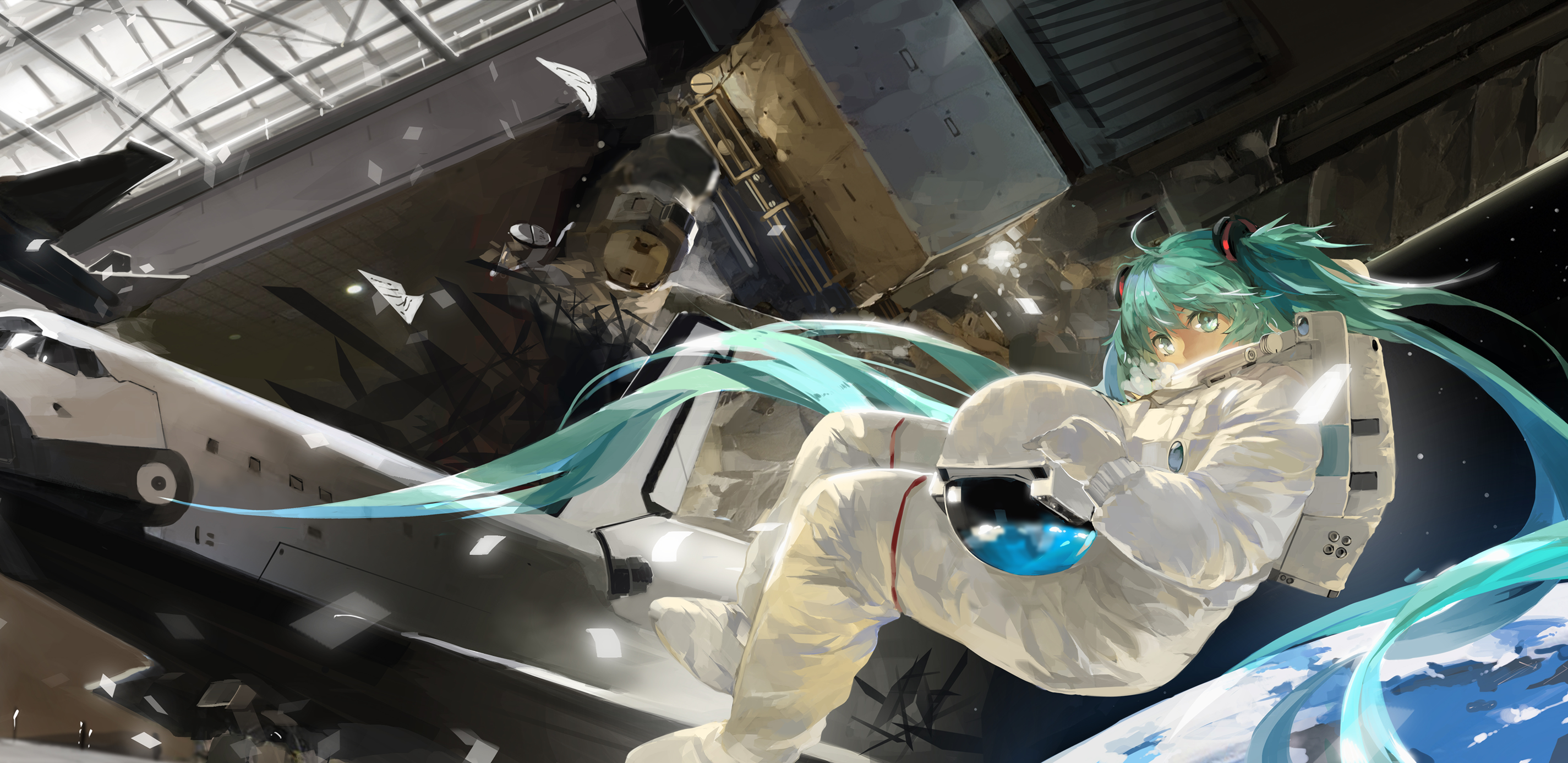 Hatsune Miku in a spacesuit near a space shuttle HD Wallpaper
